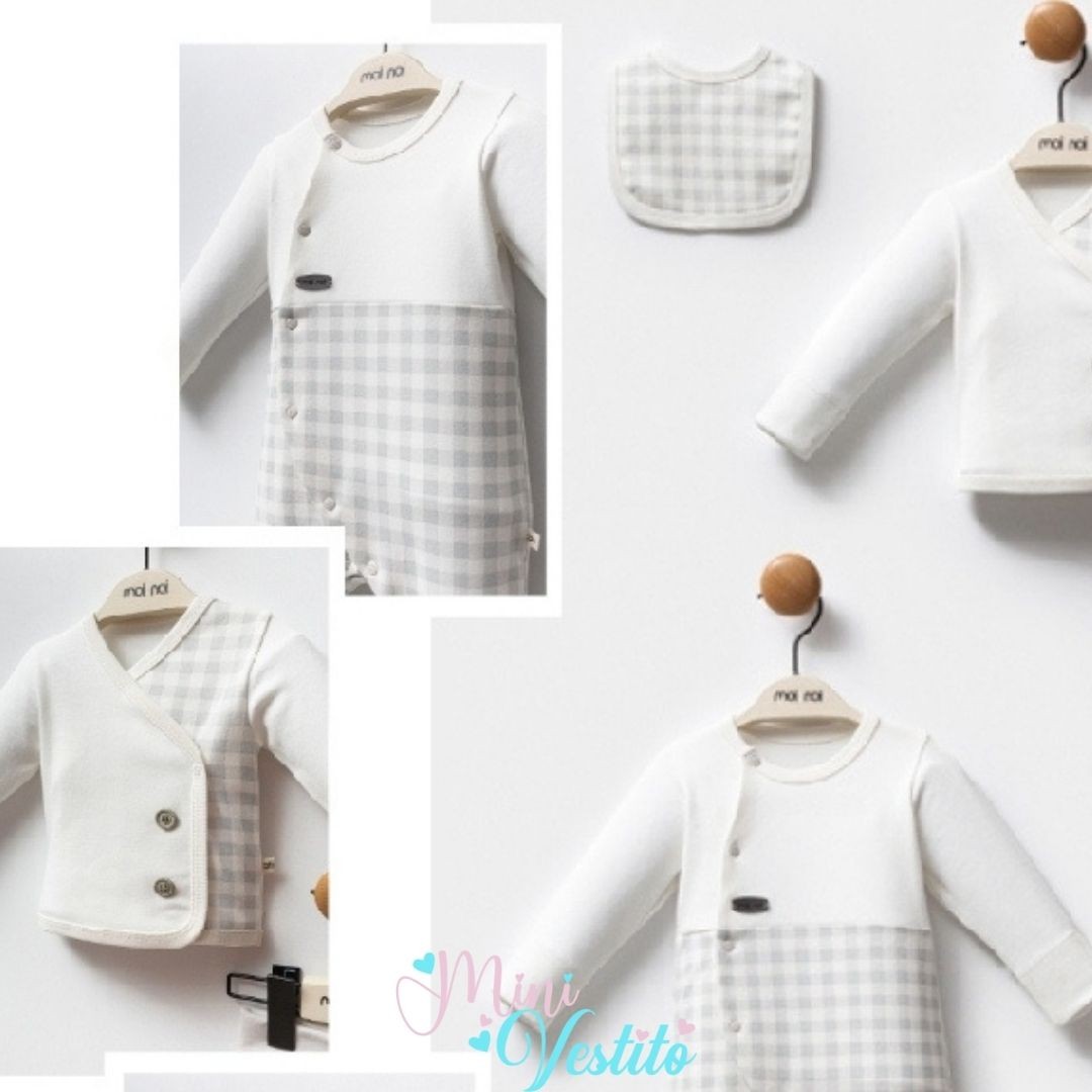 🌿 “Doğal Zarafet” 10 Parça Unisex Hastane Çıkışı Takımı – Ekru & Gri Ekose