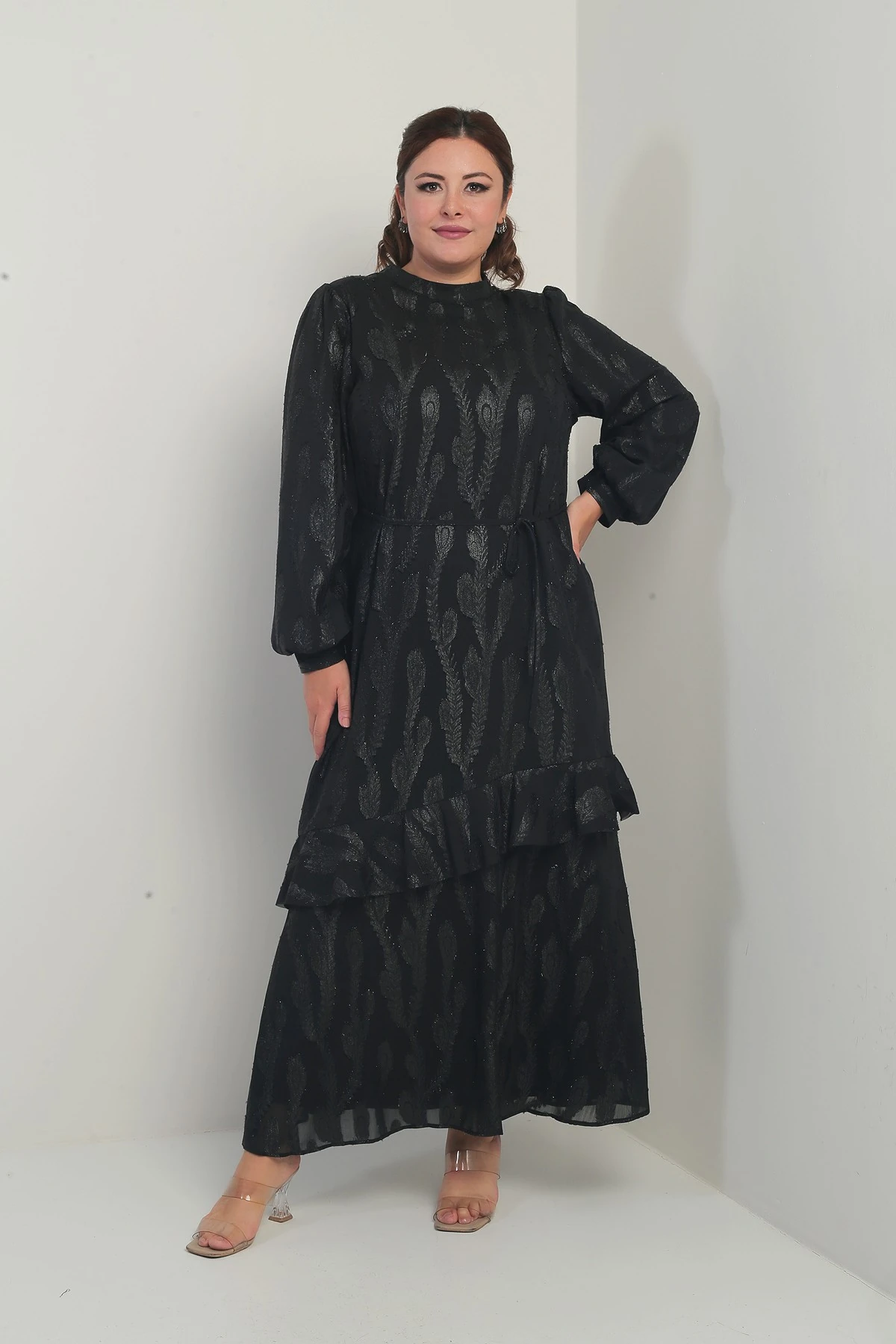 Kadın Beli İpli Astarlı Baskılı Fırfırlı Büyük Beden ŞifonTesettür Elbise