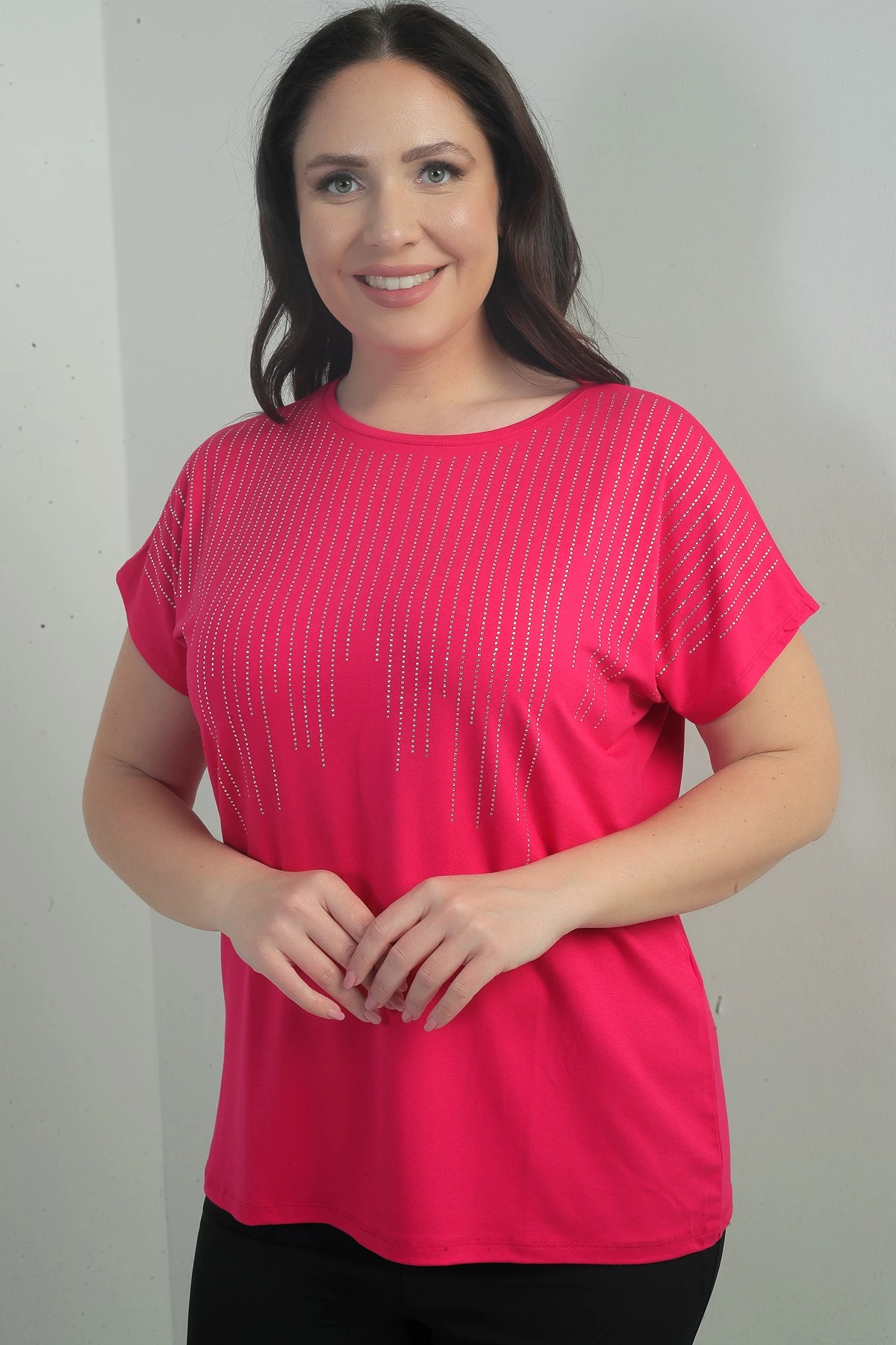 Kadın Önü Şelale Taş Baskılı Bisiklet Yaka B.B. Bluz