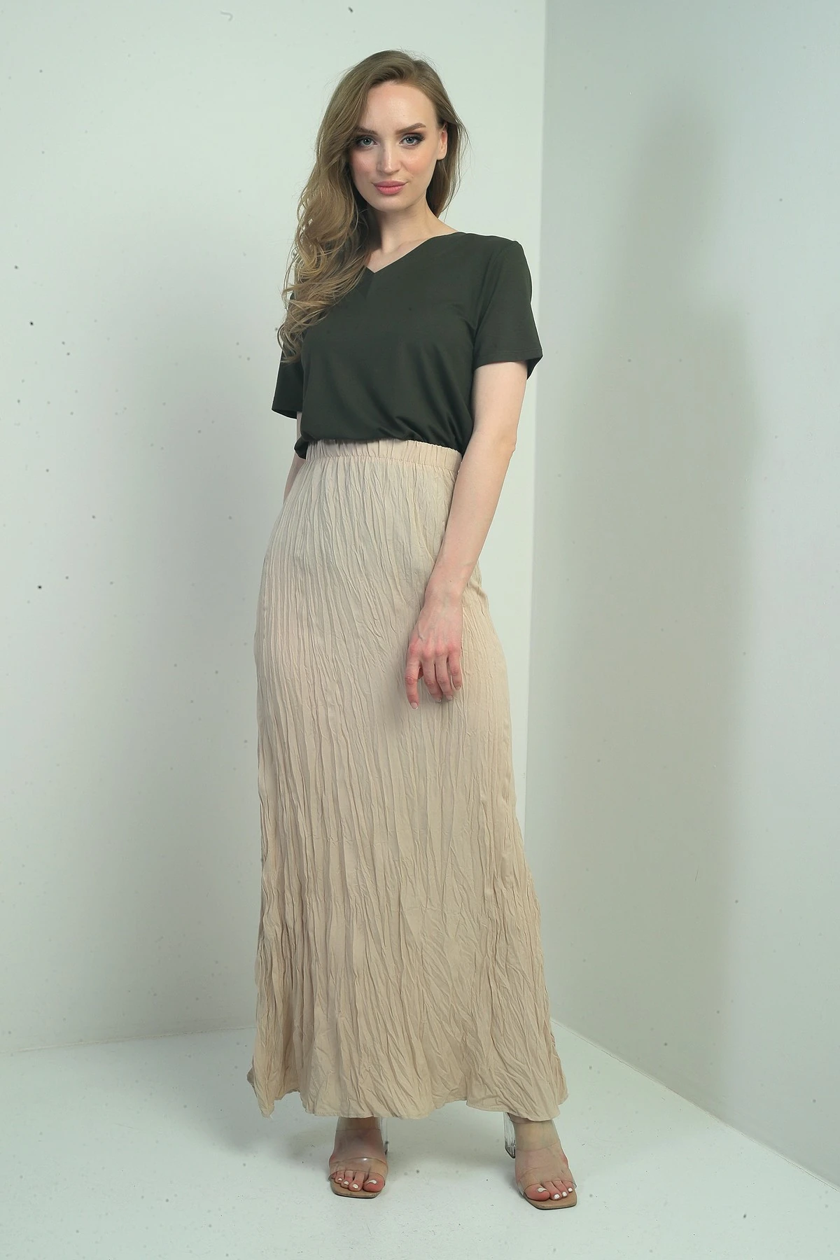 Kadın Beli Lastikli Kırışık Uzun Etek