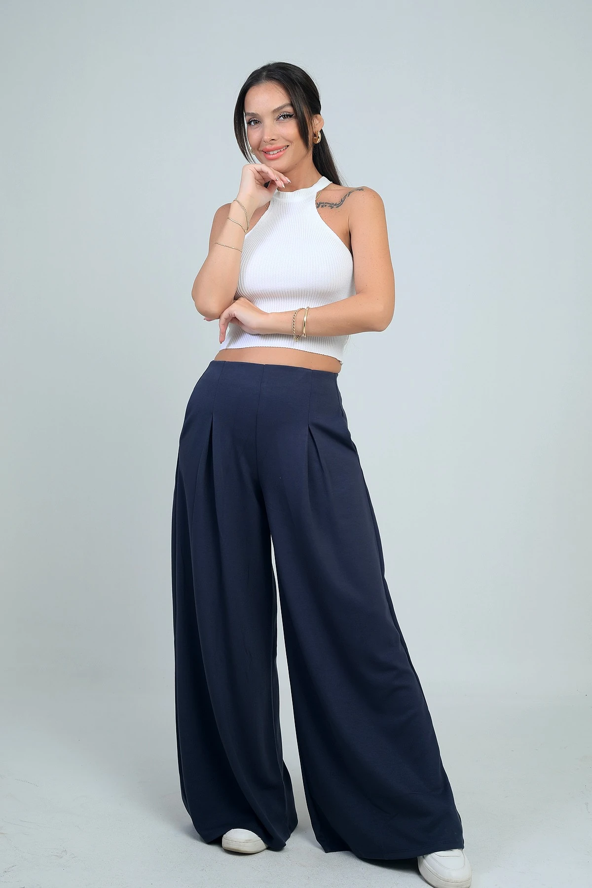 Kadın Beli Lastikli Cepli Önü Pileli Bol Paça Osyho Pantolon