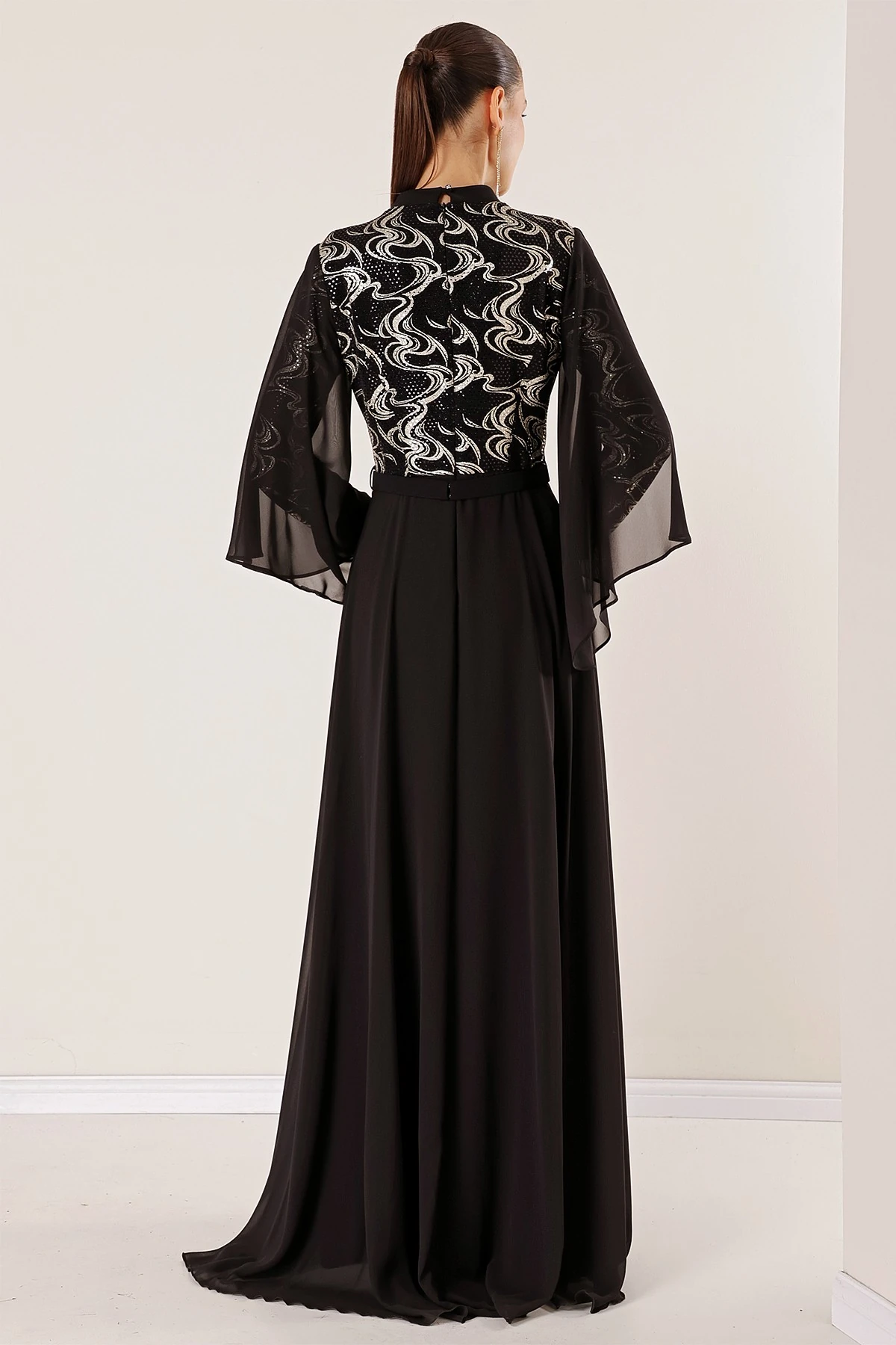 Pullu Yaldızlı Beli Taş Ve Tüy Detay Kemerli Astarlı Karışık Desenli Büyük Beden Şifon Uzun Tesettür Elbise