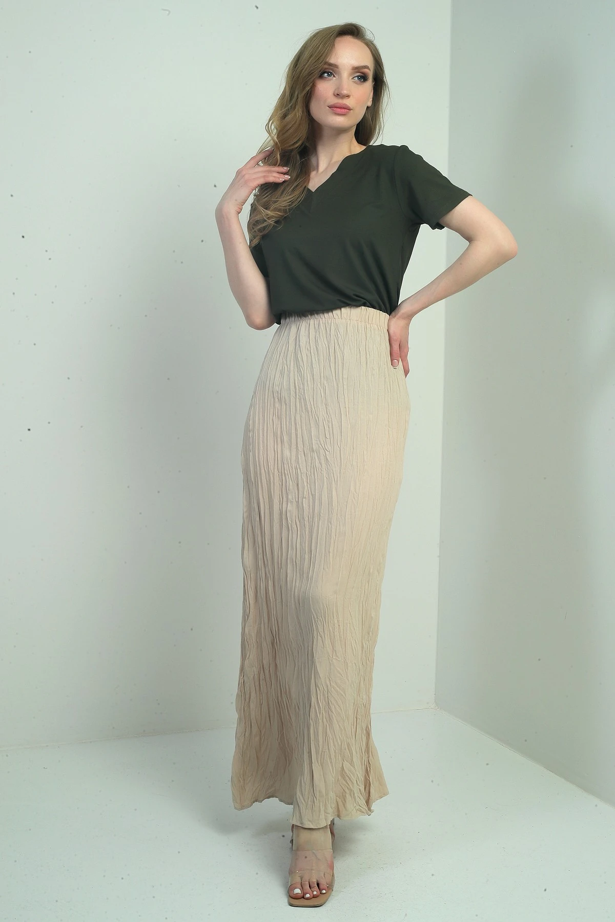 Kadın Beli Lastikli Kırışık Uzun Etek