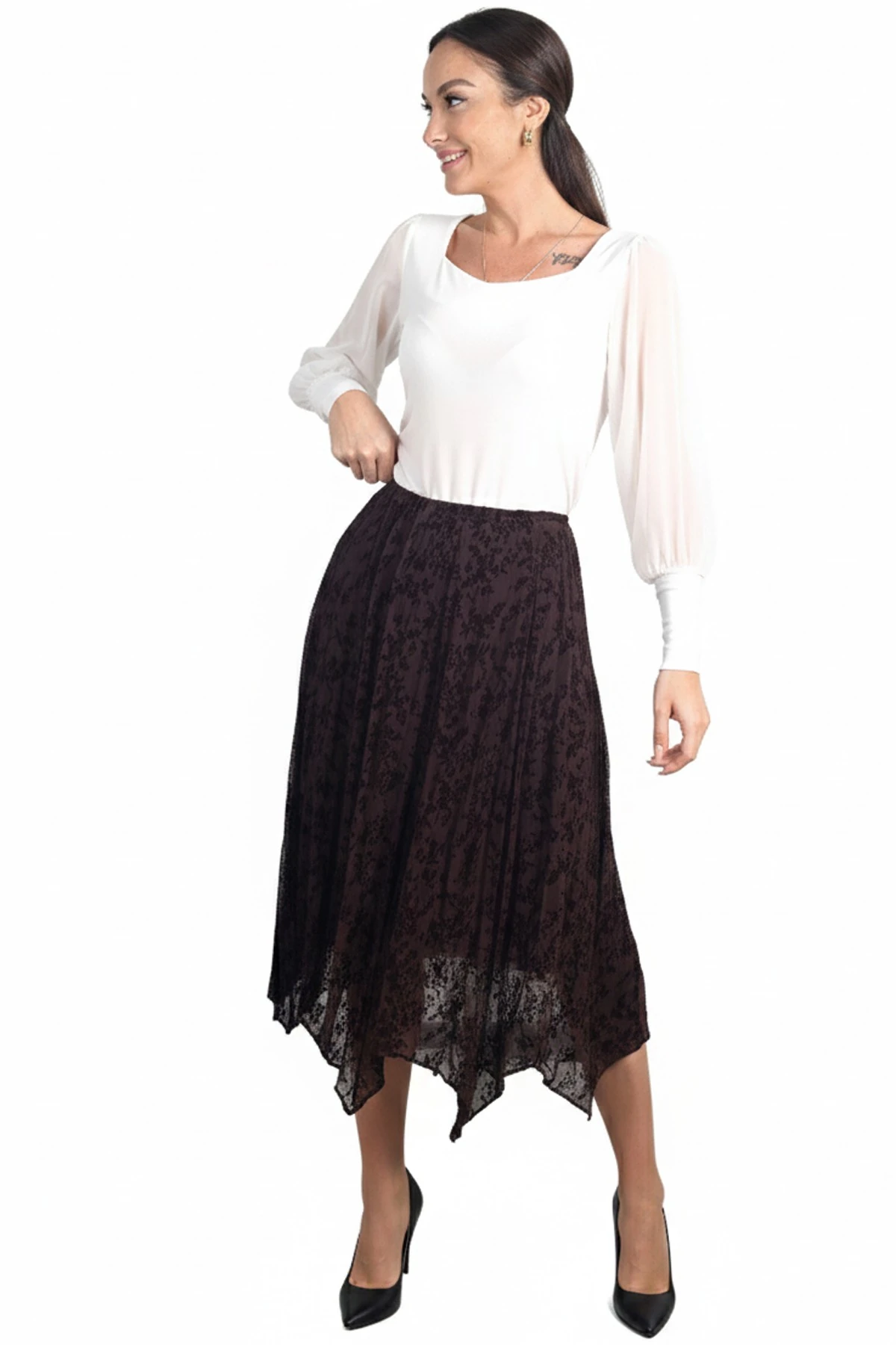 Kadın Beli Lastikli Astarlı Flok Baskı Parçalı Midi Etek