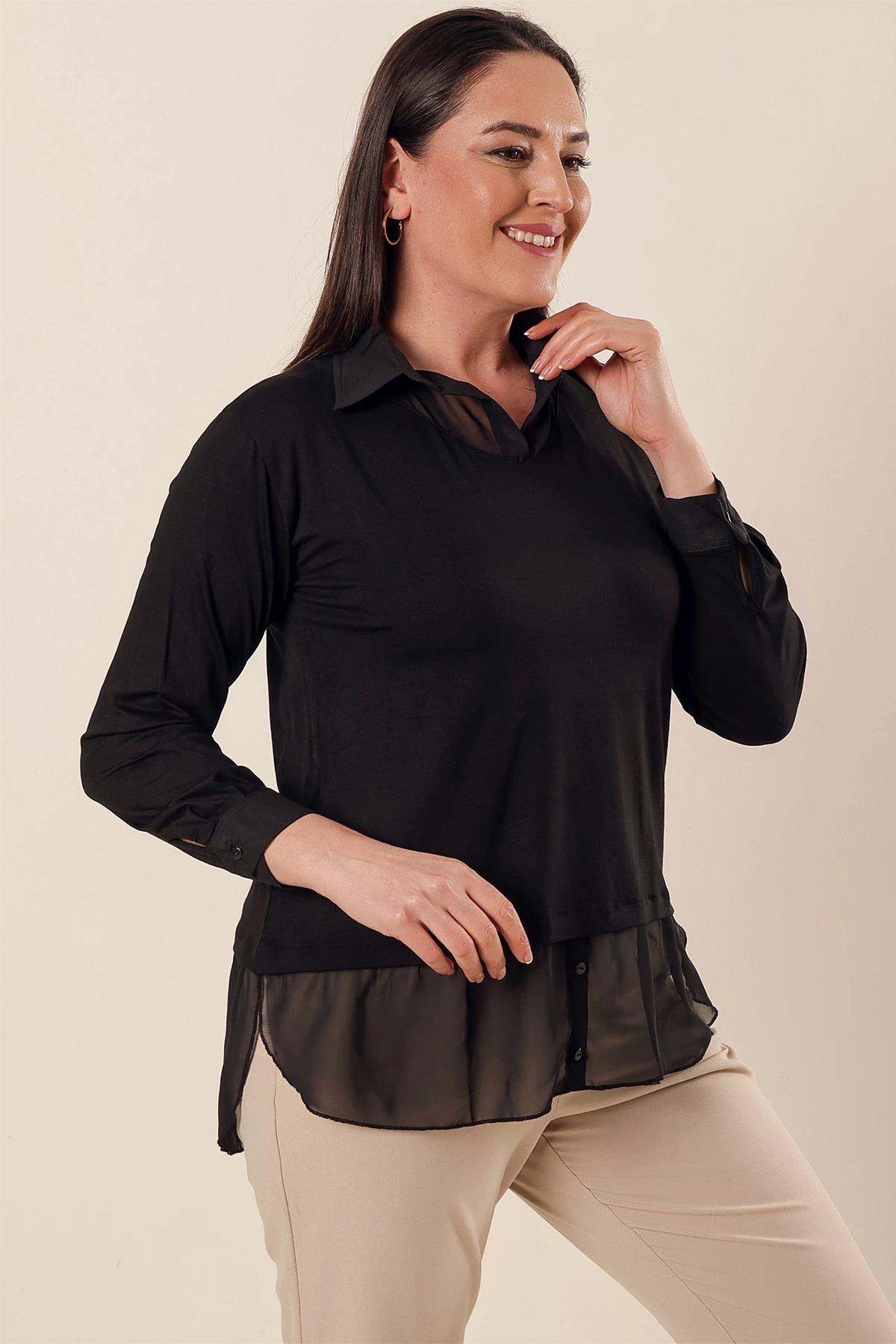 Şifon Detaylı Gömlek Yaka Rahat Kesim Büyük Beden Bluz