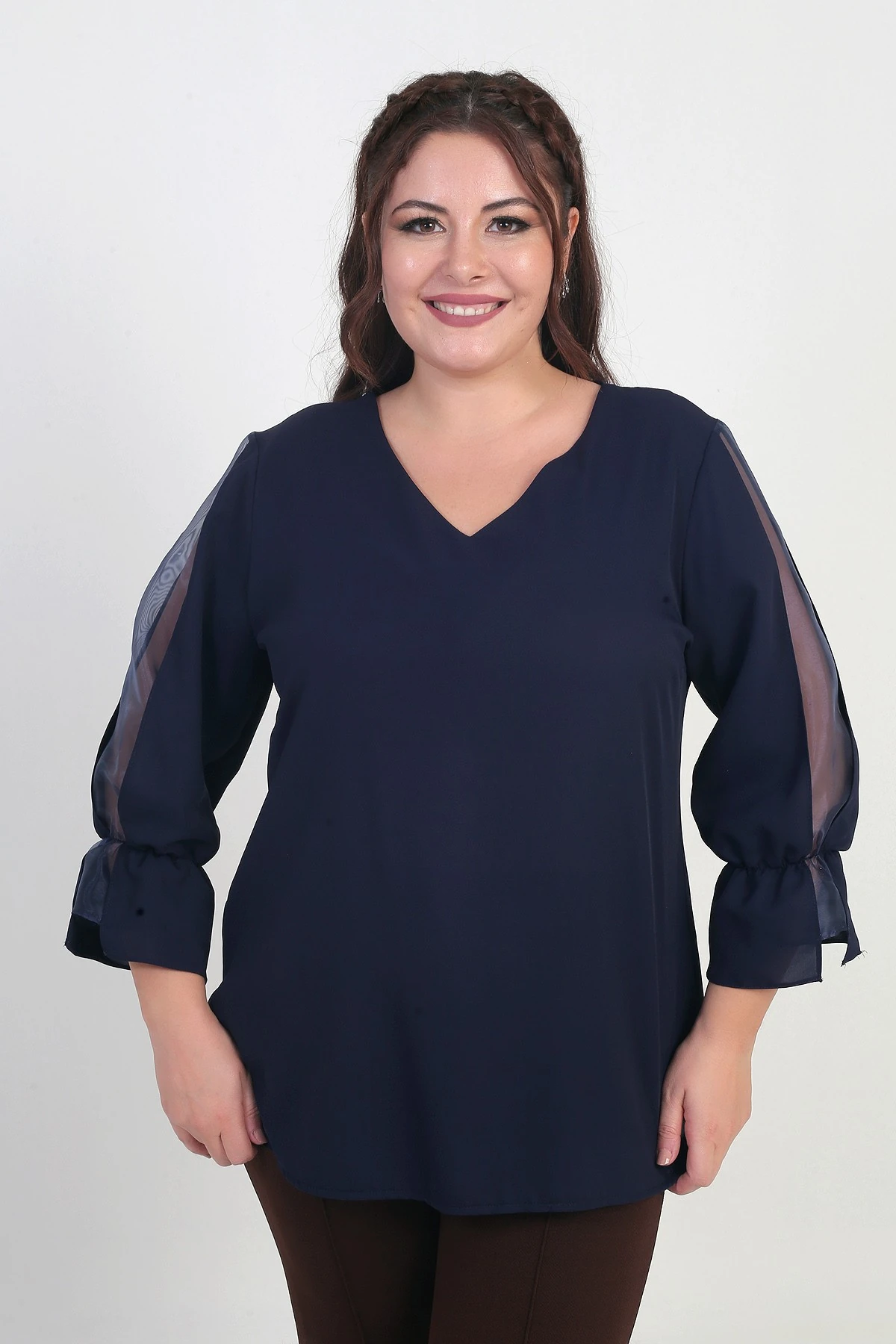 V Yaka Yarı Organze Krep B.B. Bluz