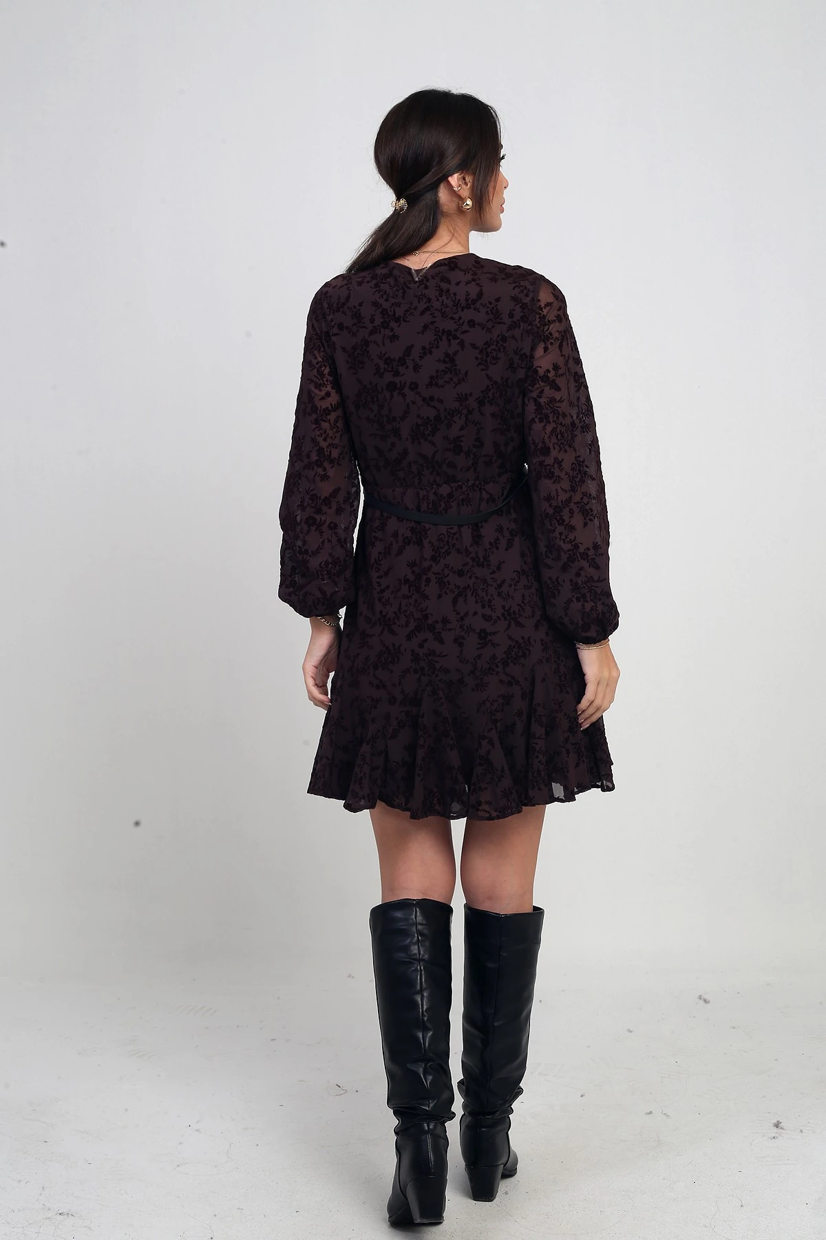 Kadın Kruvaze Yaka Astarlı Flok Baskılı Kısa Tül Elbise