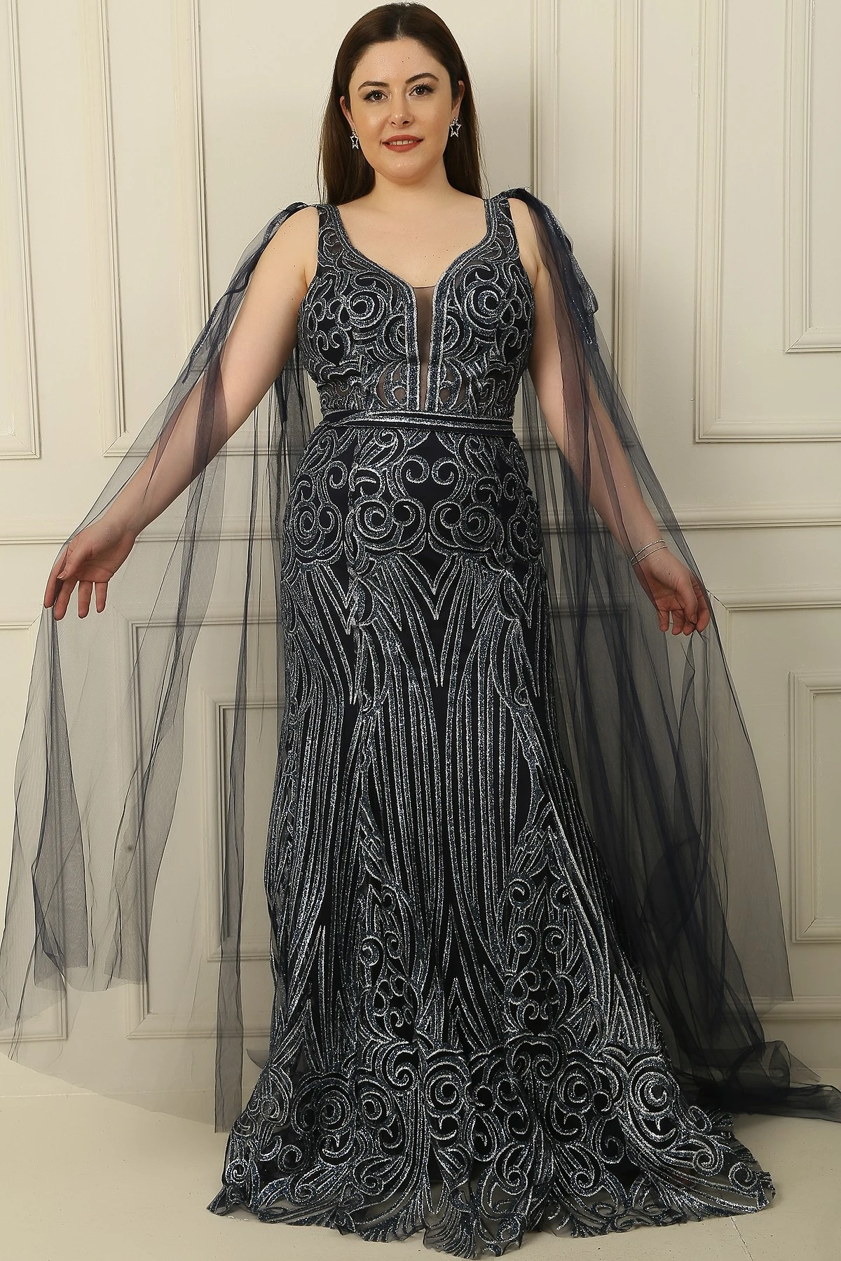 Omuzdan Tül Şallı Astarlı Büyük Beden Simli Uzun Elbise