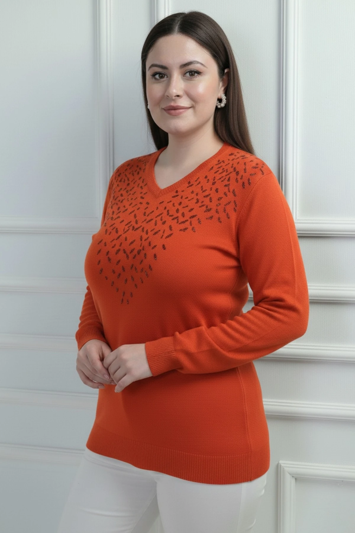 Kadın V Yaka Önü Sim Detaylı Büyük Beden Triko Bluz