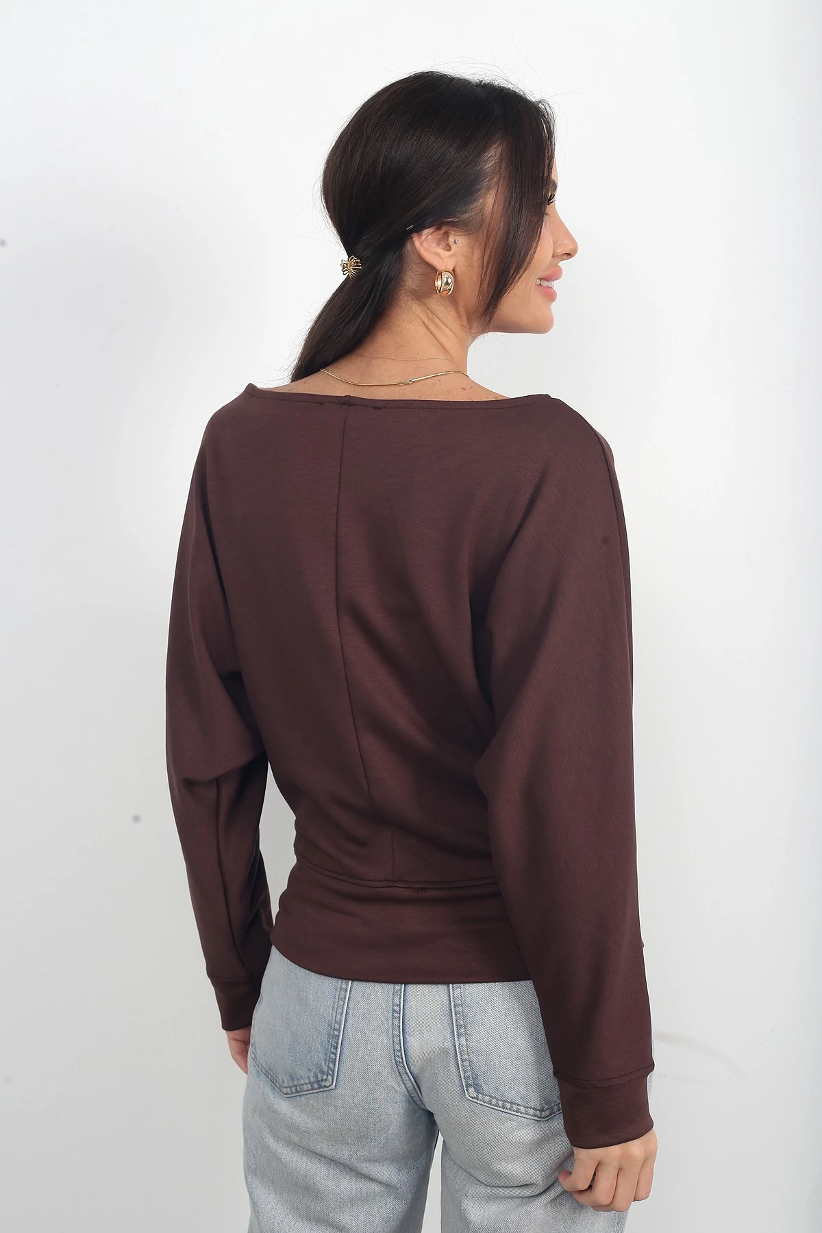 Kadın Kayık Yaka Uzun Yarasa Kollu Modal Sweat