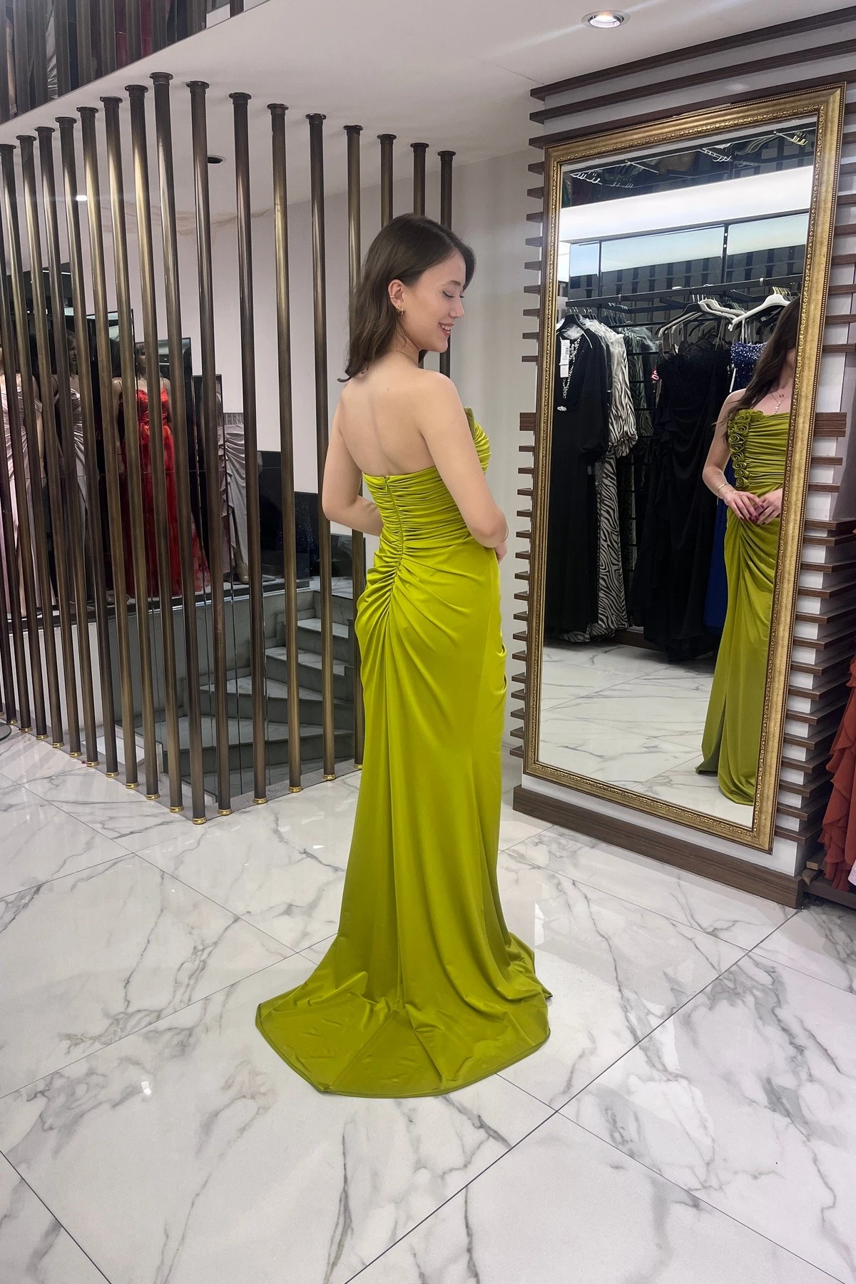 Kadın Straplez 3 Boyut Çiçekkli Drapeli Astarlı Likralı Uzun Elbise