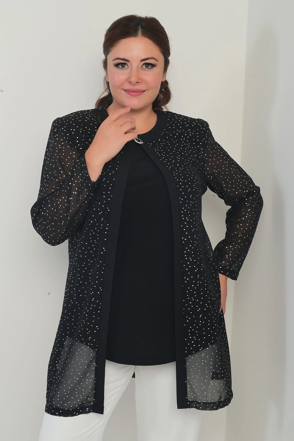 Kadın Uzun Kollu Likralı Bluz Yaldızlı Benek Baskılı Şifon Ceket Büyük Beden 2'li Takım