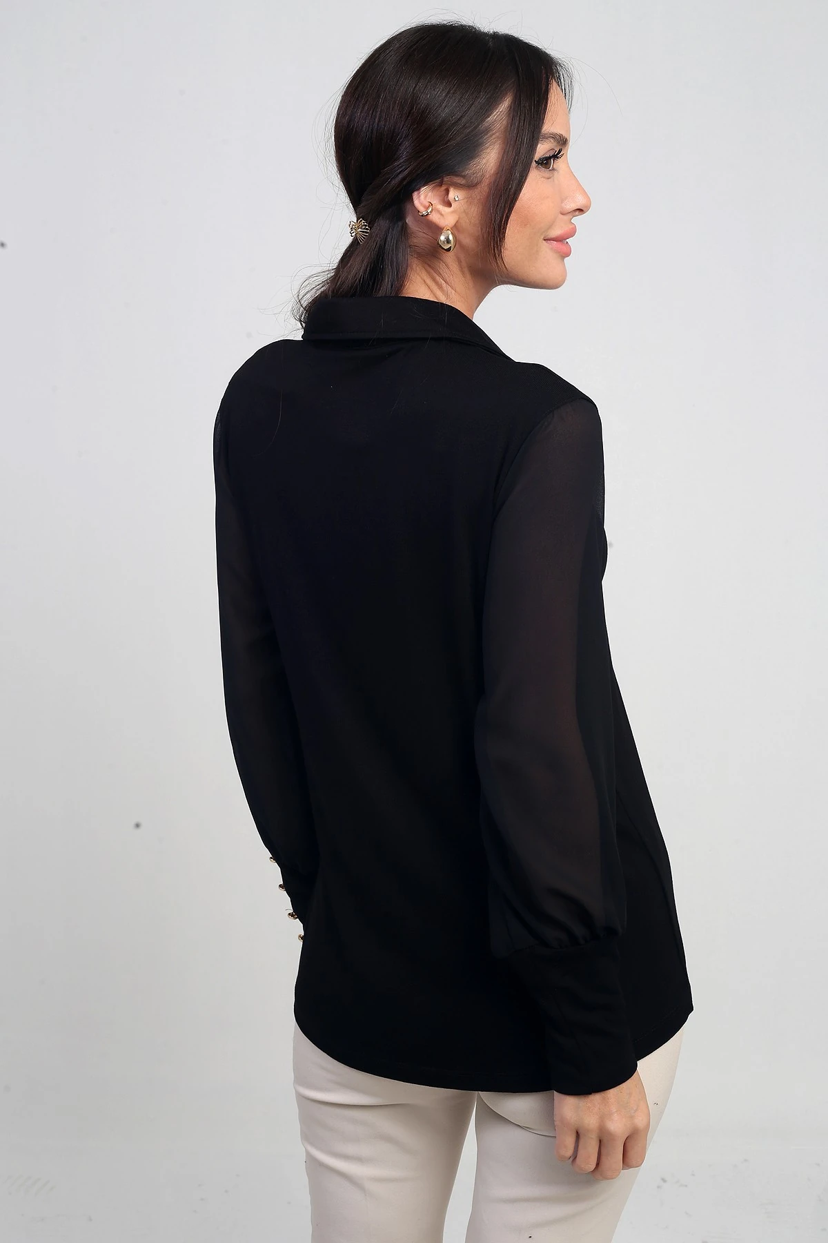 Kadın Şifon Kollu Düğme Detaylı Likralı Çilek Bluz