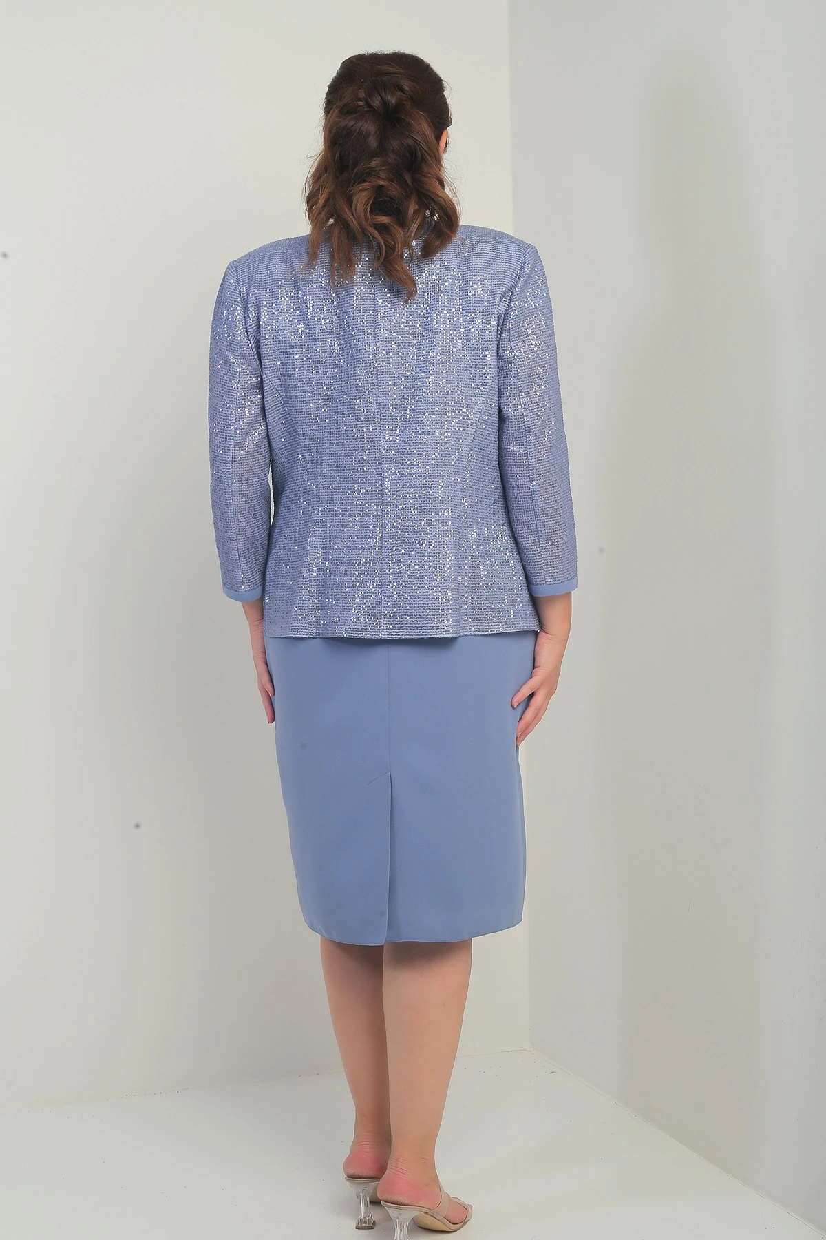 Kadın Kolsuz Astarlı Elbise Pul İşlemeli Ceket Taş Detaylı Büyük Beden 2'li Takım