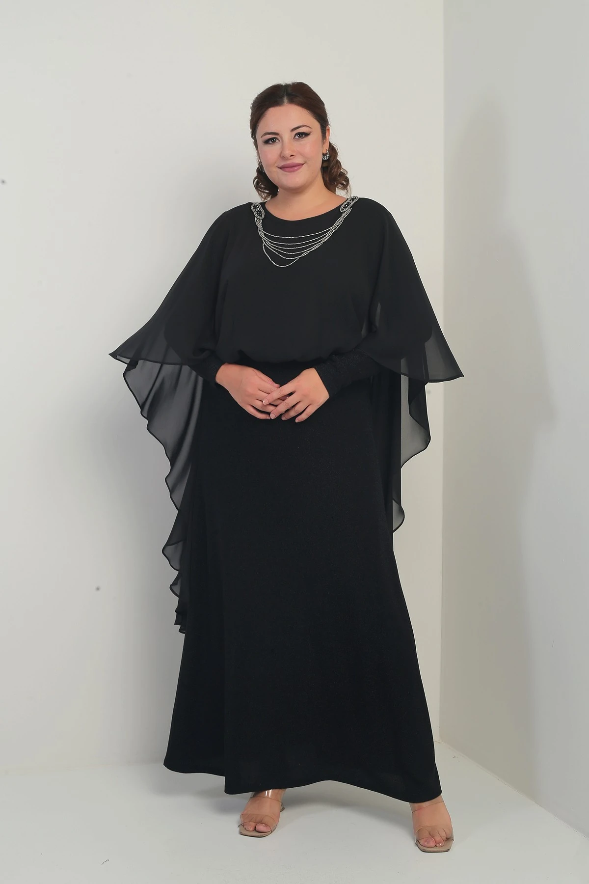 Kadın Üstü Zincirli Şifon Altı Simli Astarlı Büyük Beden Tesettür Uzun Elbise