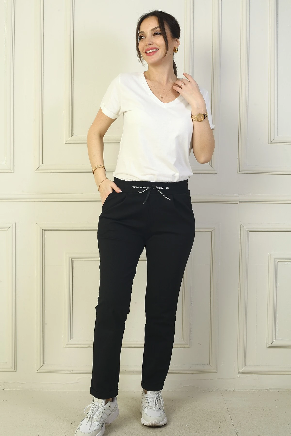 Kadın Beli Lastikli Yandan Cepli Full Likra Çelik Duble Paça Pantolon