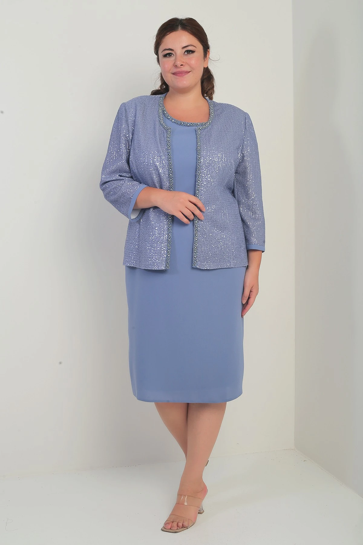 Kadın Kolsuz Astarlı Elbise Pul İşlemeli Ceket Taş Detaylı Büyük Beden 2'li Takım