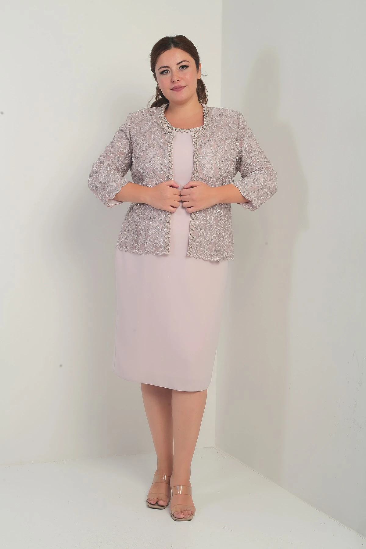 Kadın Kolsuz Elbise Pul İşlemeli Tül Ceket Boncuk Detaylı Astarlı Büyük Beden 2'li Takım