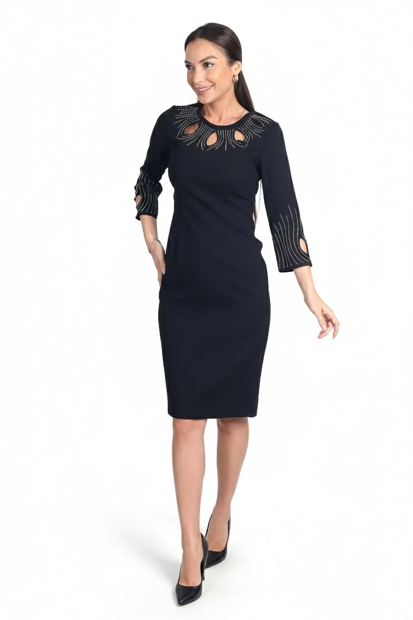 Kadın Yaka Ve Kol Uçları Boncuklu Astarlı Lazer Kesim Kısa Elbise