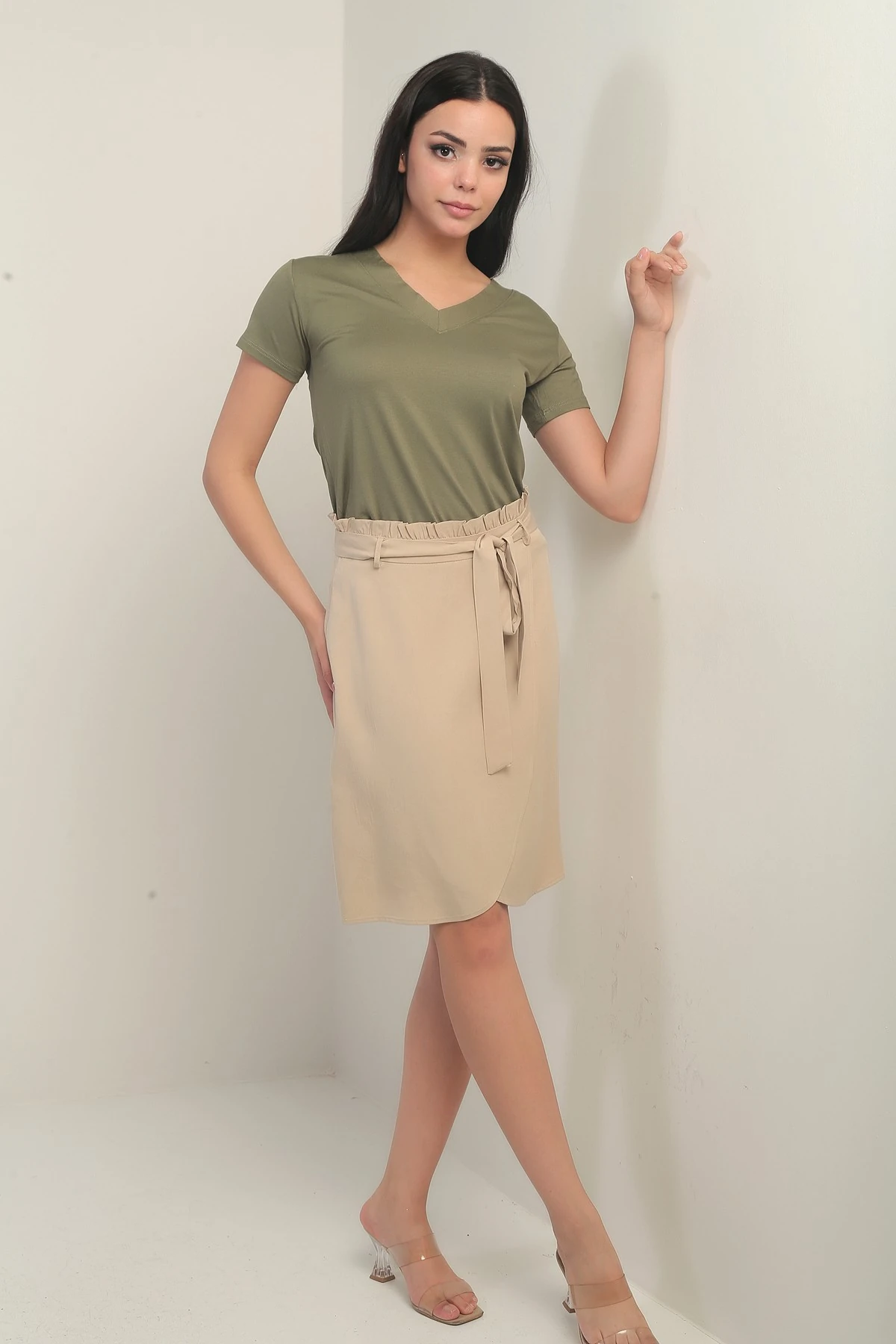 Kadın Beli Kuşaklı Kruvaze Lyocell Kısa Etek
