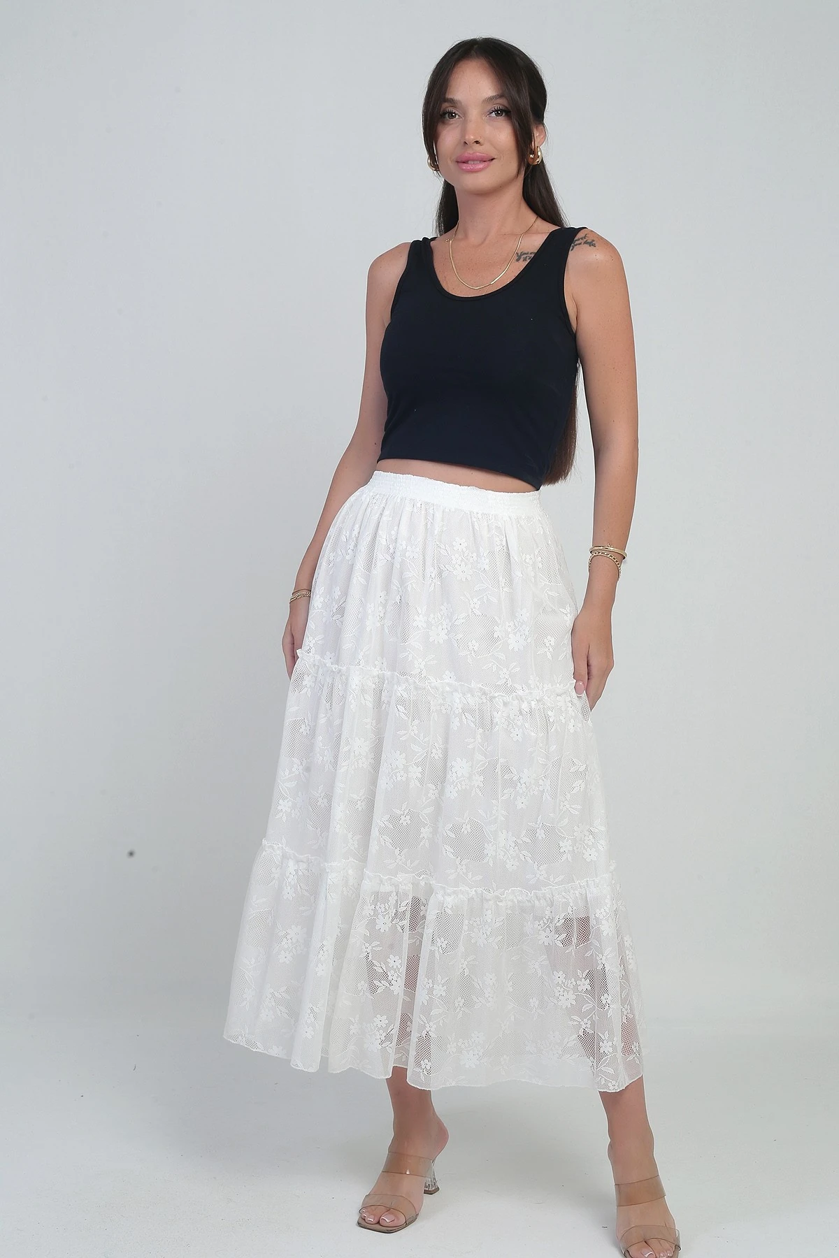 Kadın Beli Lastikli Astarlı Mini Çiçekli Tül Etek