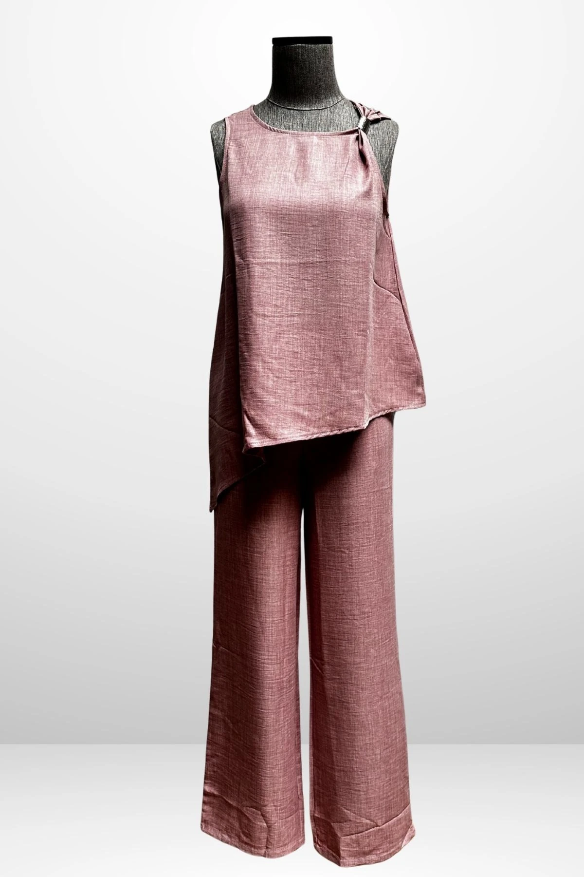 Kadın Toka Detaylı Eteği Asimetrik Bluz Beli Lastikli Cepli Palazzo Pantolon Keten 2'li Takım