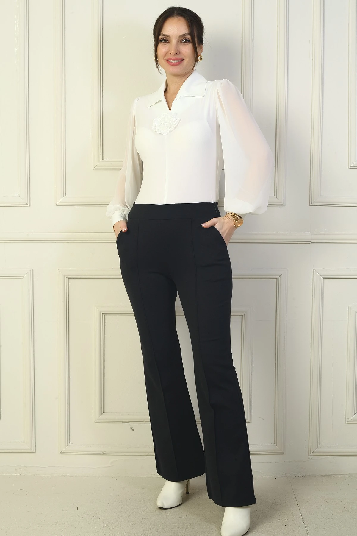 Kadın Beli Lastikli Yandan Cepli İspanyol Paça Çımalı Çelik Pantolon