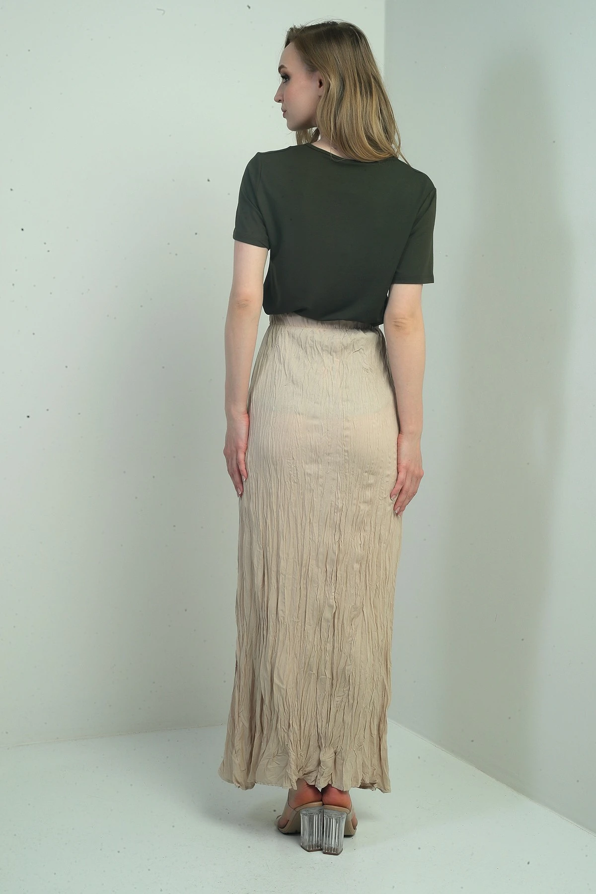 Kadın Beli Lastikli Kırışık Uzun Etek