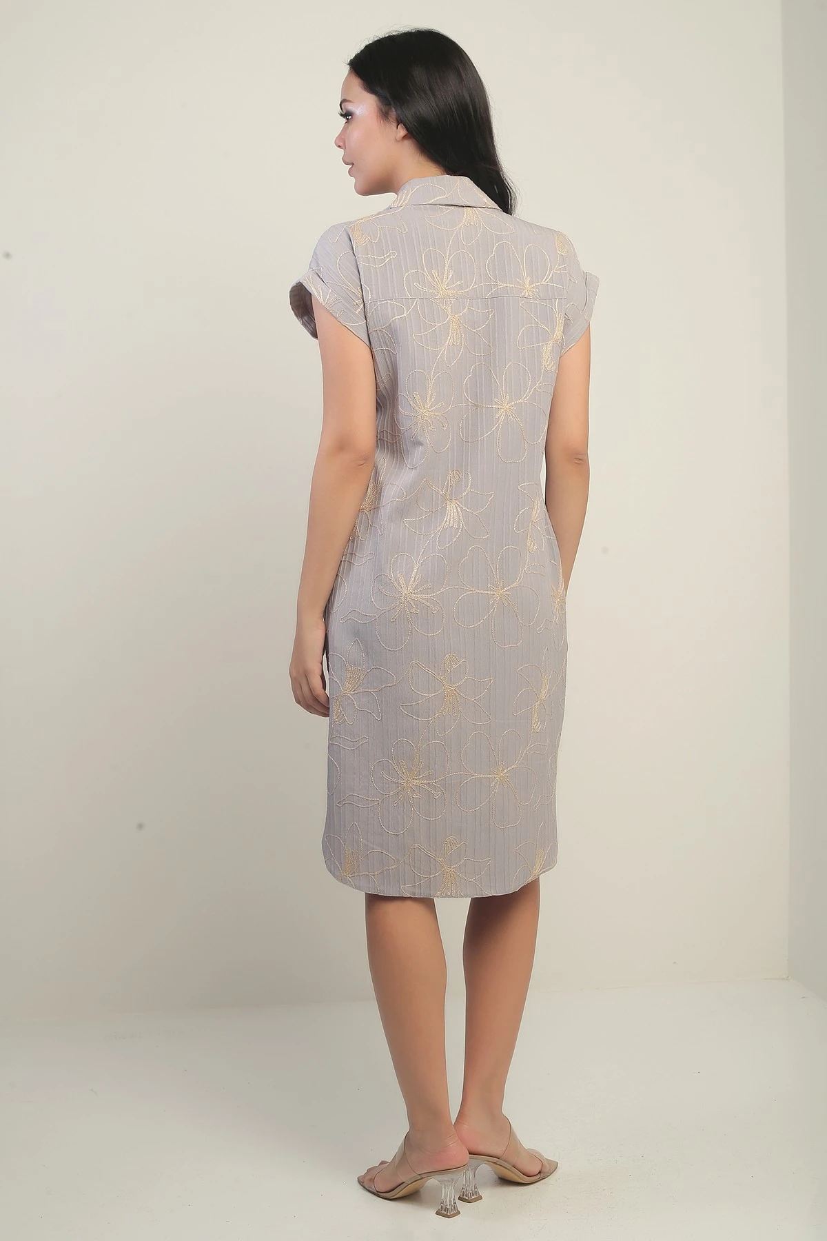 Kadın Yanları Yırtmaçlı Kısa kollu Kordeneli Cepli Gömlek Elbise