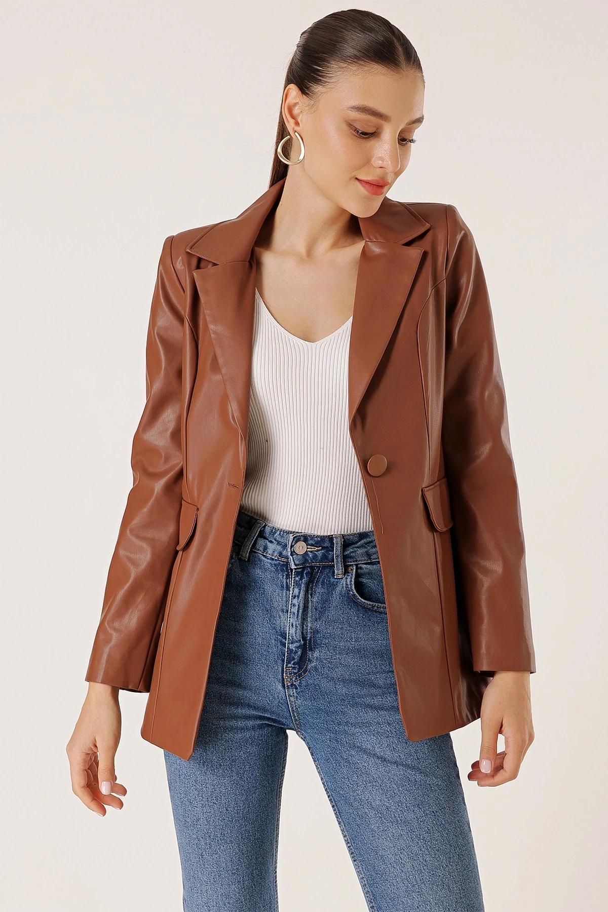 Tek Düğmeli Sahte Cepli Astarlı Deri Ceket