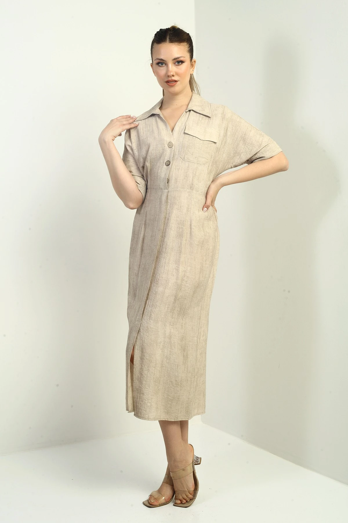 Kadın Tek Cepli Yarım Düğmeli Önü Yırtmaçlı Degrade Elbise