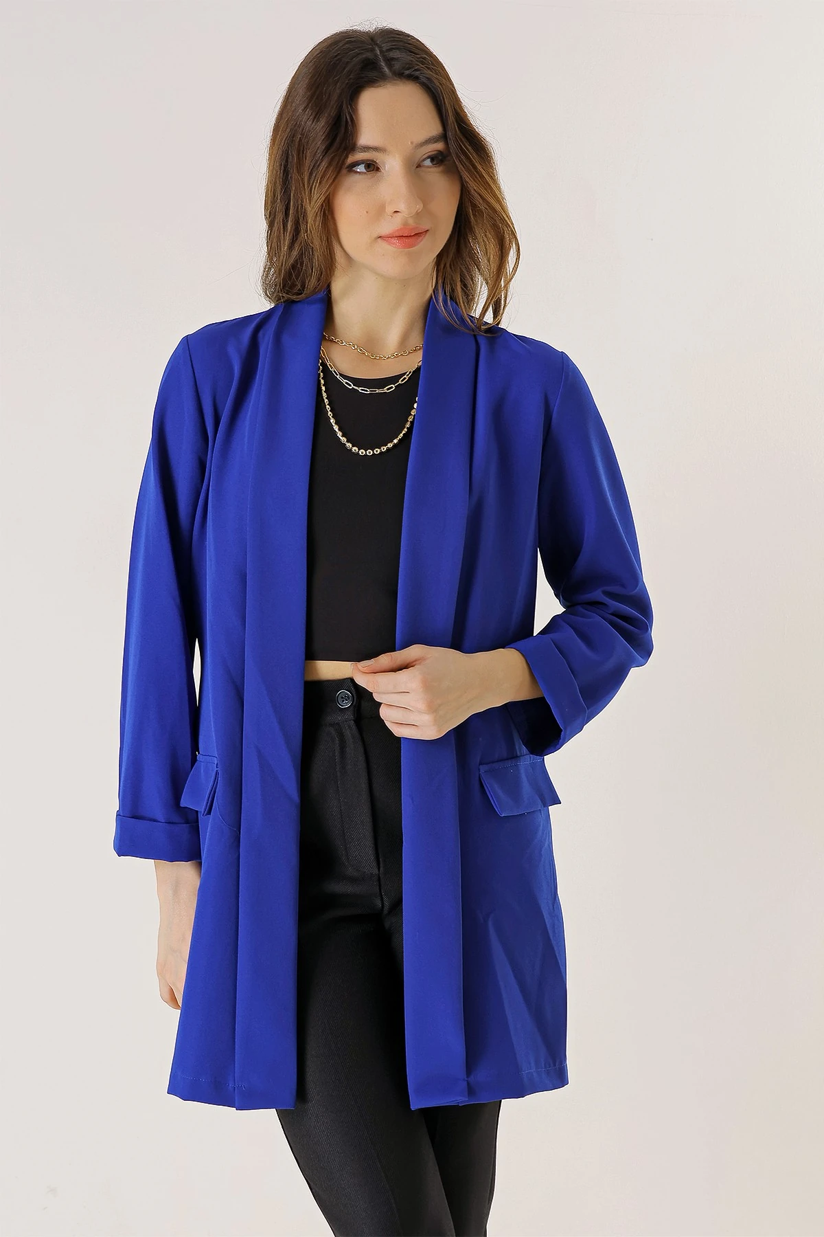 Şal Yaka Likralı Uzun Ceket