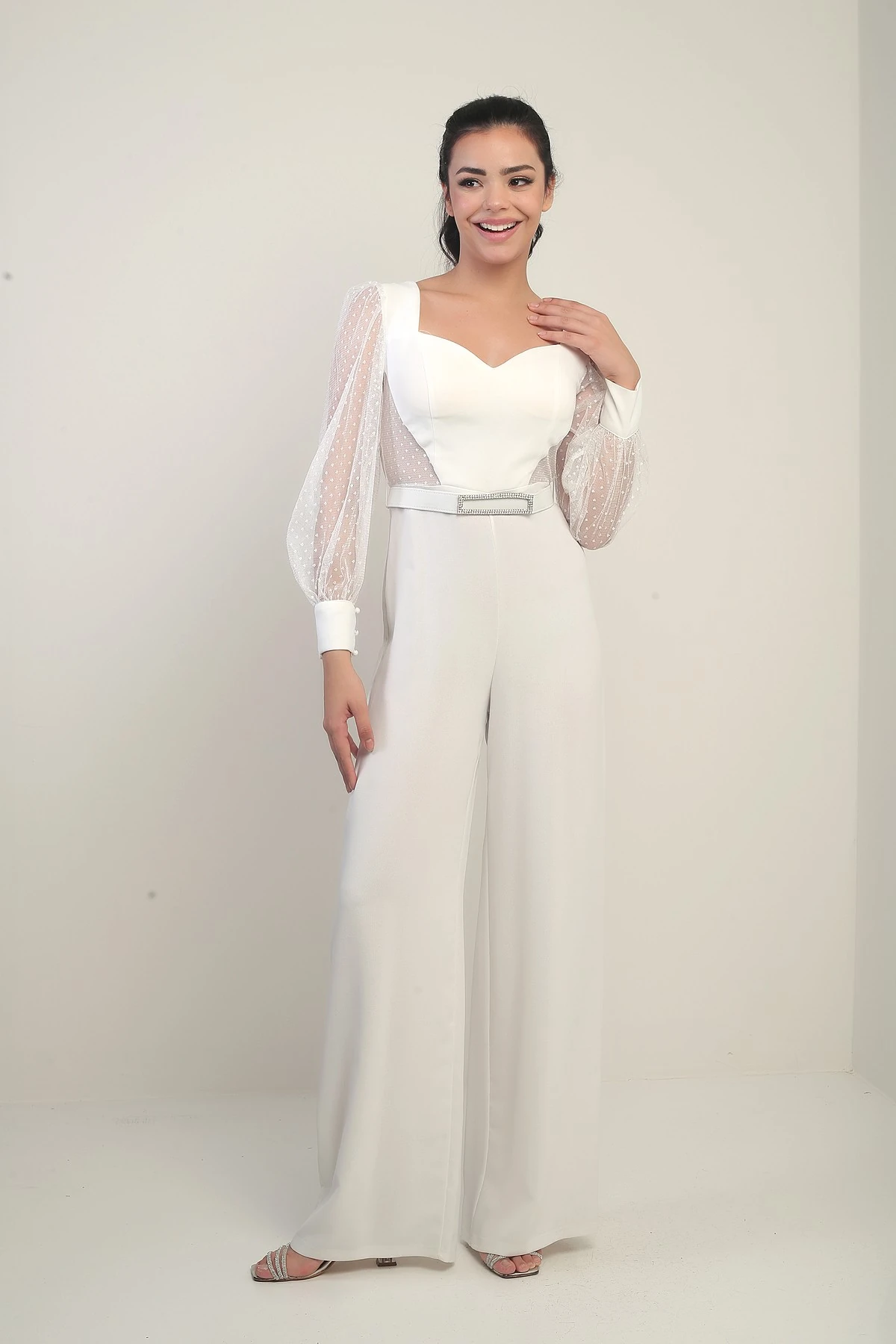 Kadın Kalp Yaka Uzun Tül Kollu Kemerli Palazzo Krep Tulum