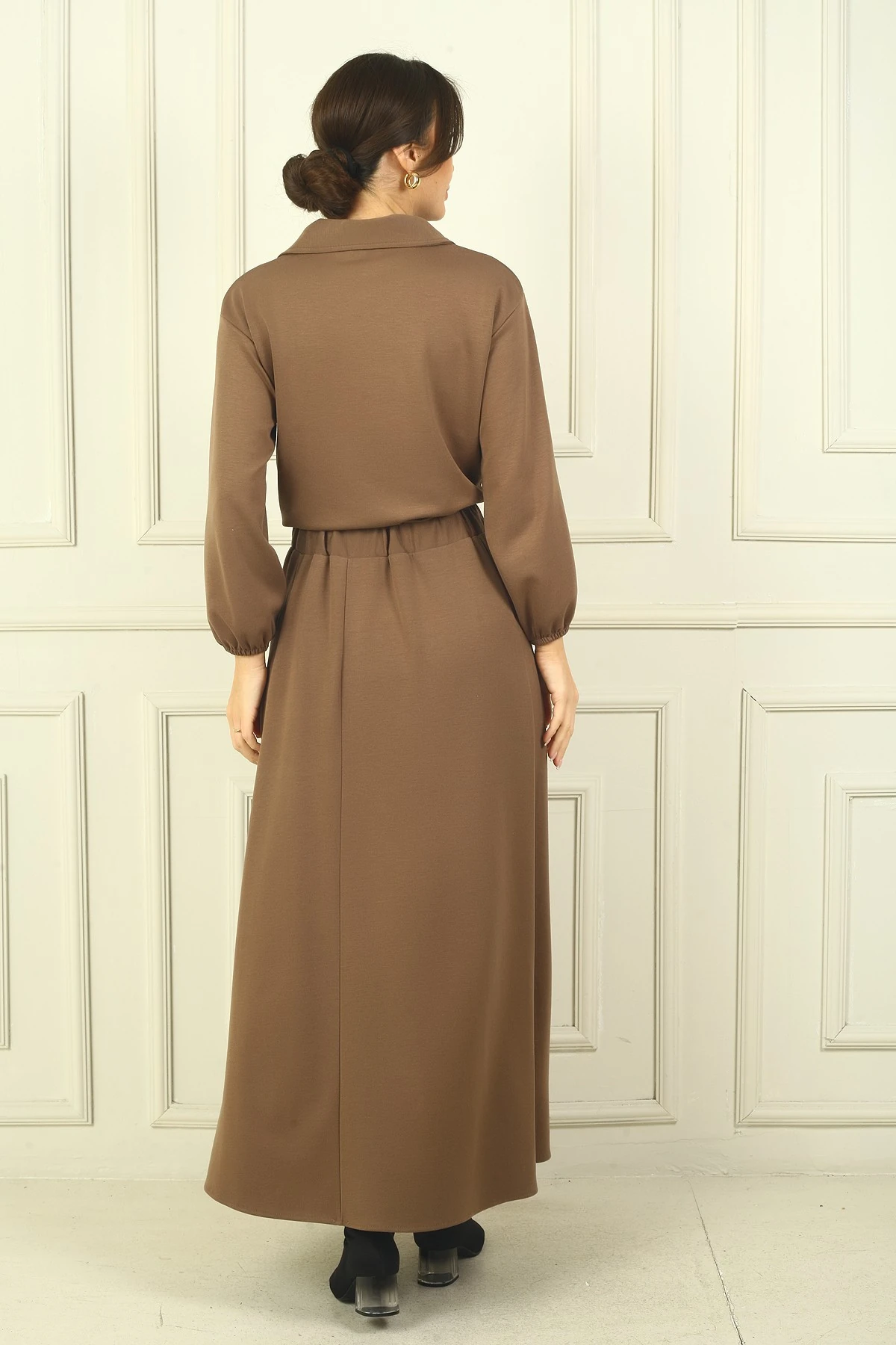 Kadın Önü Fermuarlı Ceket Beli Lastikli Uzun Etek Osyho 2'li Takım