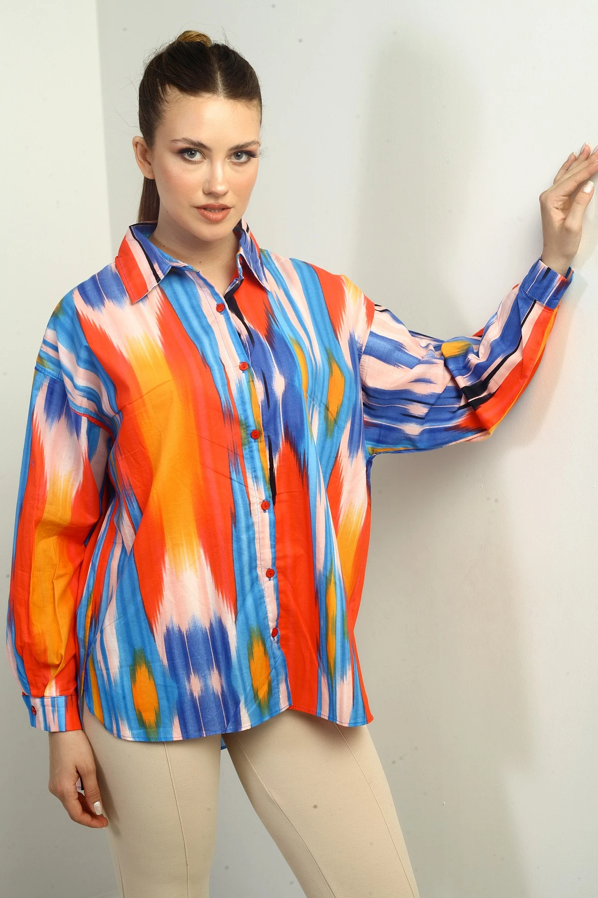 Kadın Fırça Desenli Oversize Gömlek