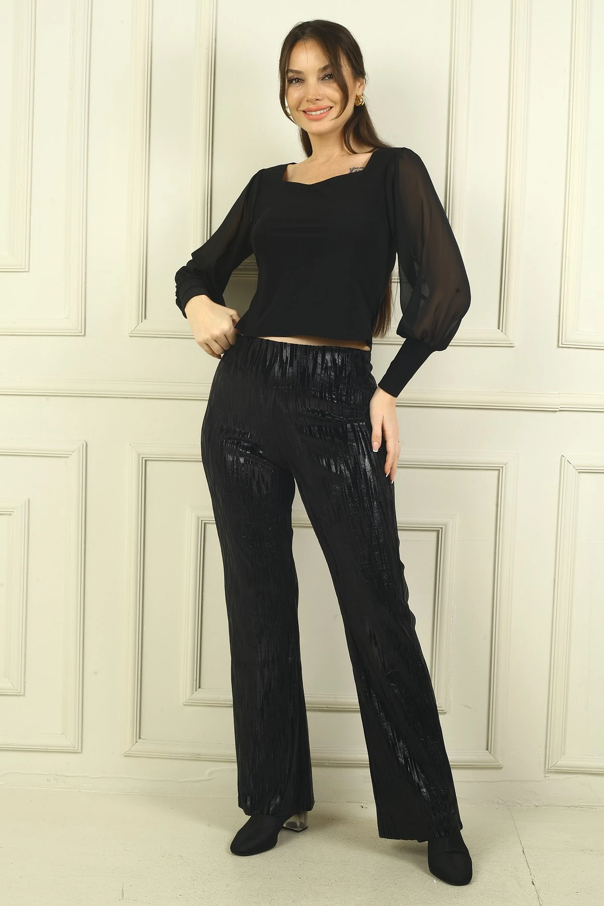 Kadın Beli Lastikli Zigzag desenli Likralı Pantolon