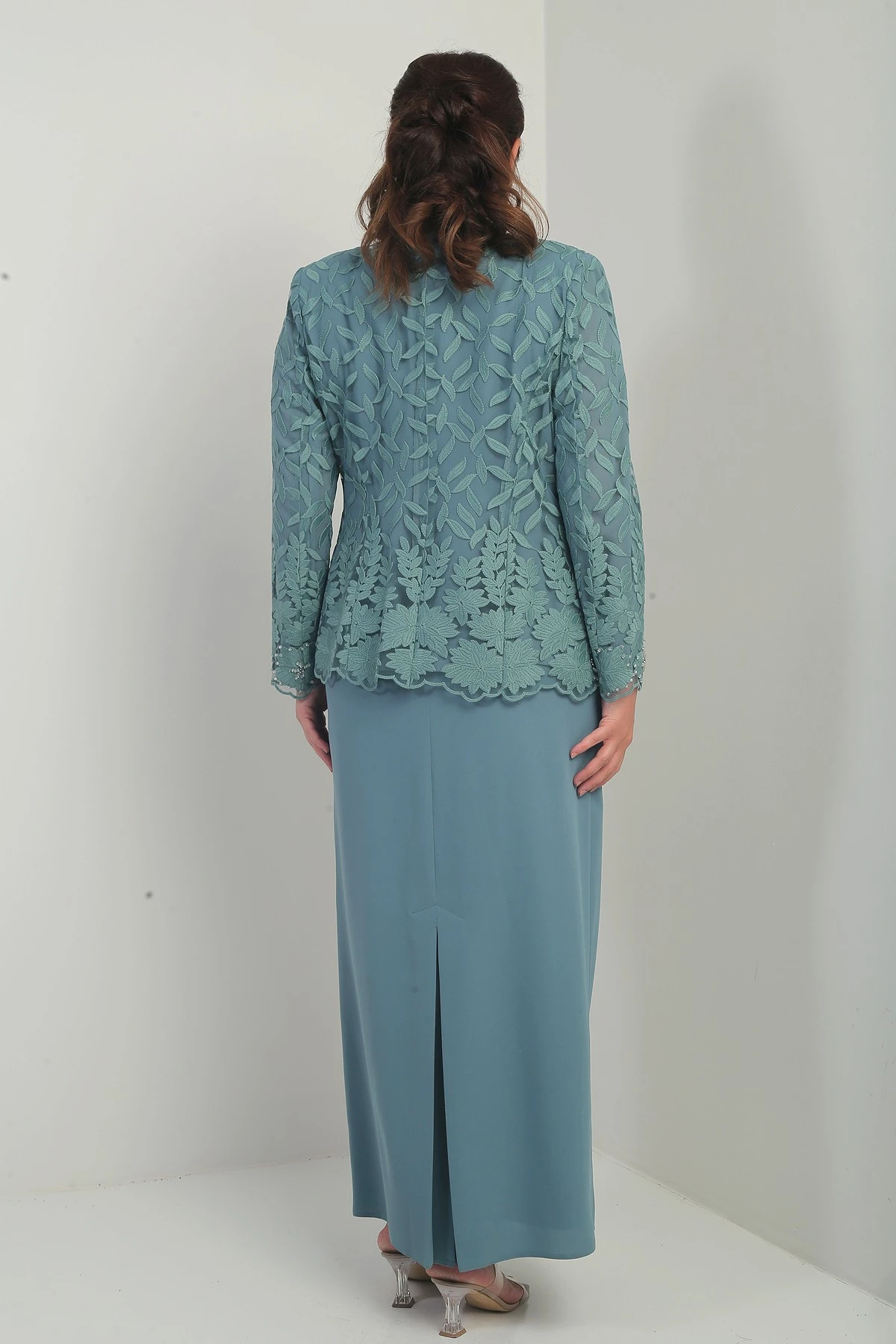 Boncuk İşlemeli Güpürlü Astarlı Elbise Ceket Büyük Beden 2'li Takım