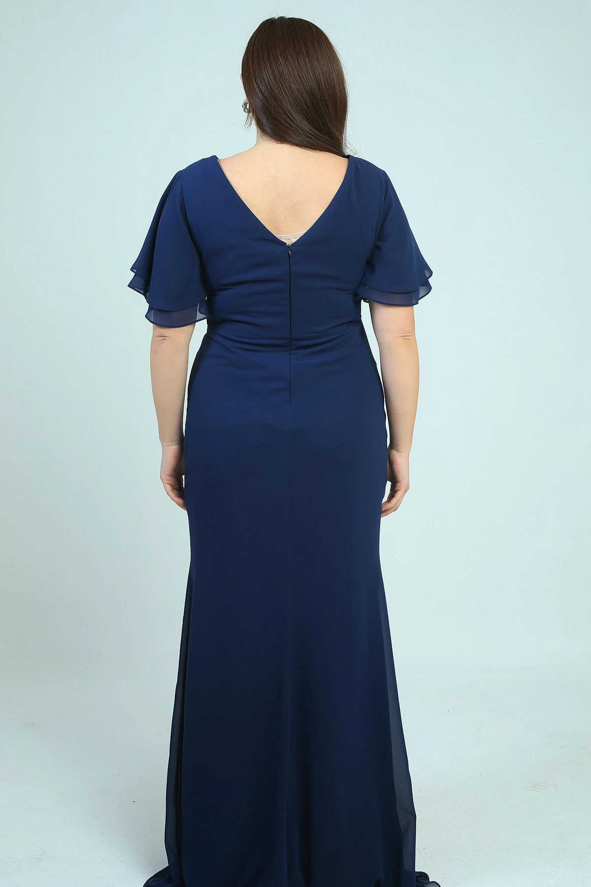 Kadın Arka V Yaka Astarlı Bel Boncuk Detaylı Darapel Büyük Beden Krep Şifon Elbise