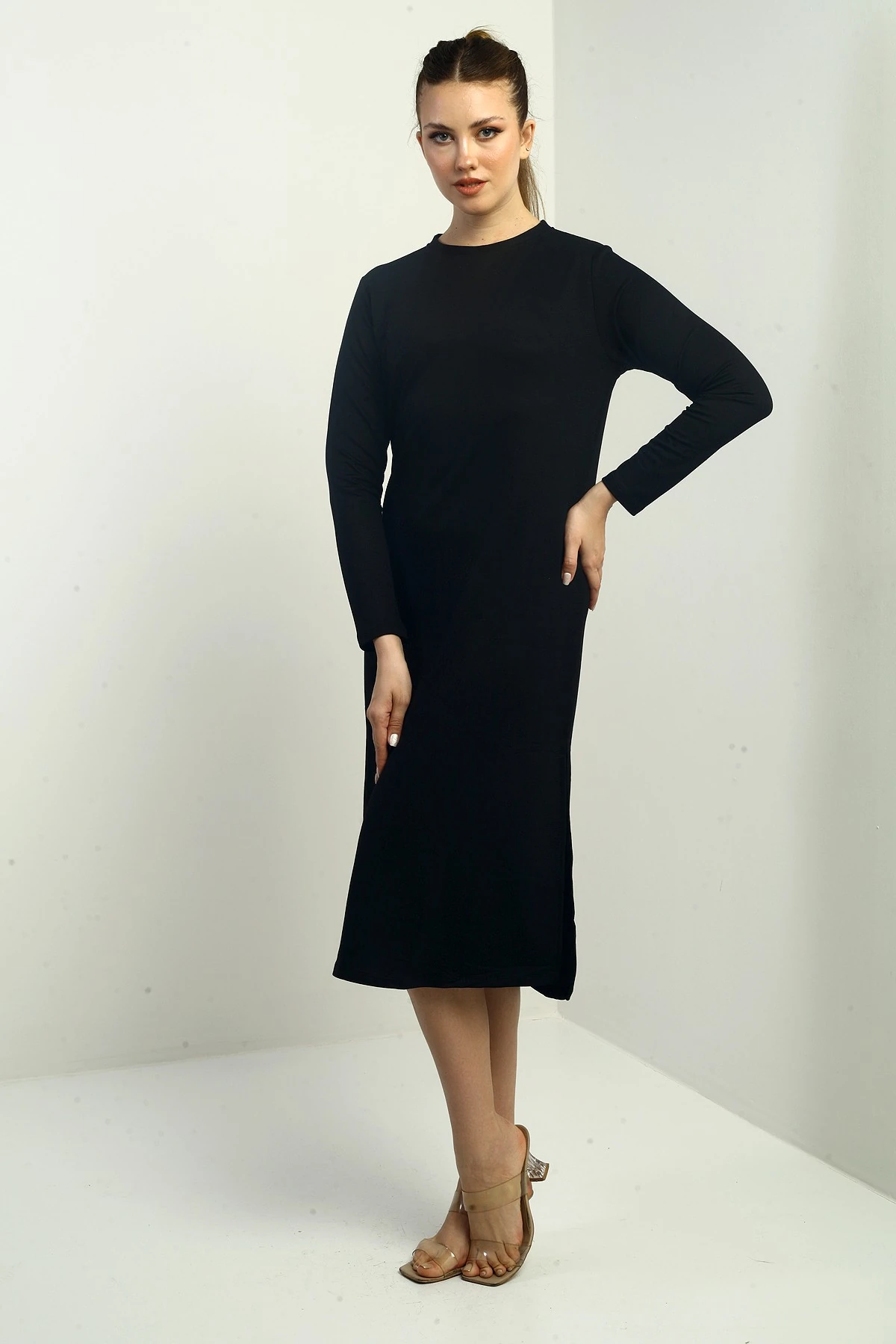 Kadın Kristal Basic Yandan Yırtmaçlı Midi Elbise