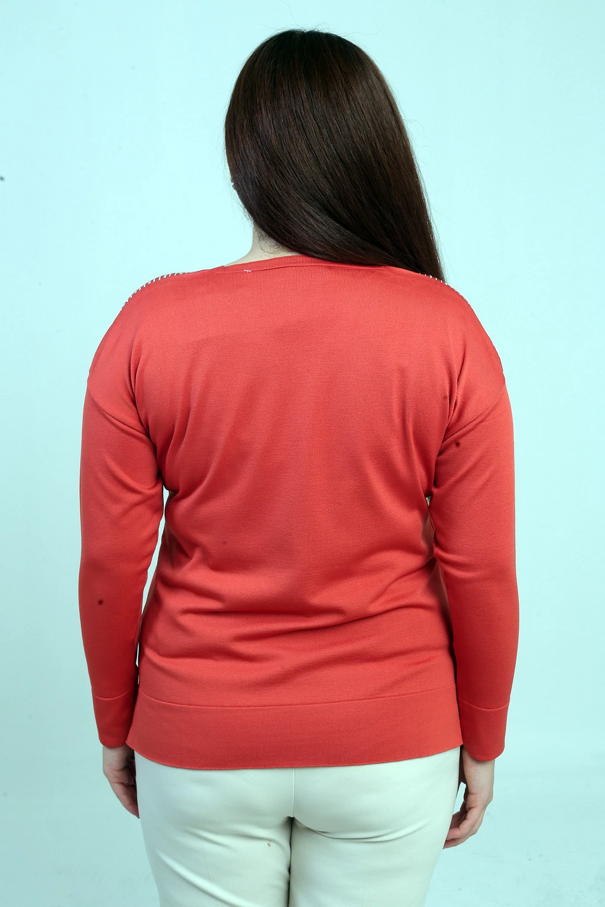 Kadın V Yaka Omuzları Taş Baskı Büyük Beden Triko Bluz