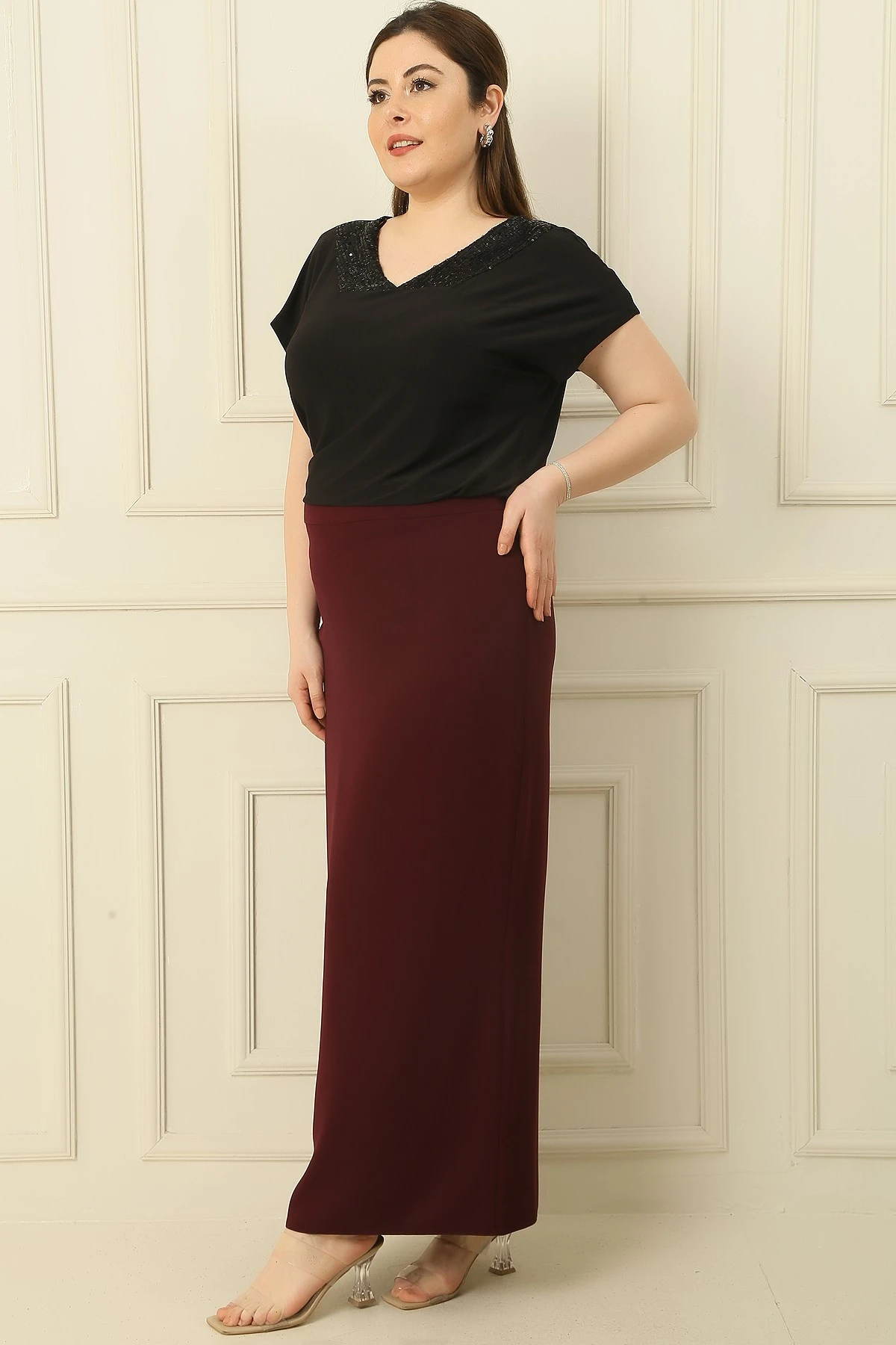 Astarlı Büyük Beden İthal Krep Uzun Etek