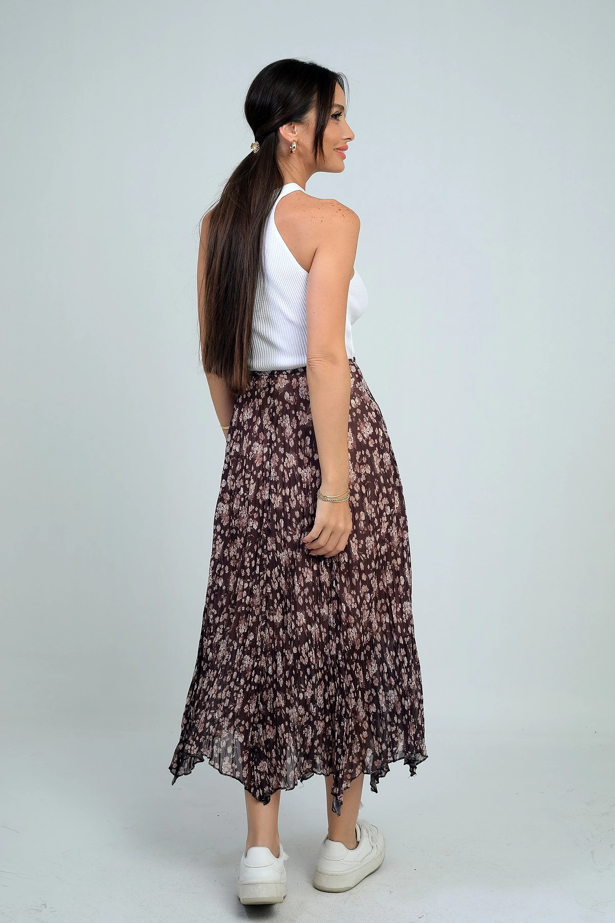 Kadın Beli Lastikli Astarlı Mini Çiçekli Midi Kraşlı Üçgen Etek