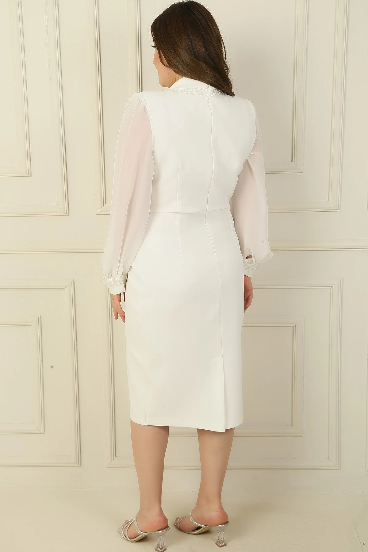 Kadın Kruvaze Yaka Kollar Şifon Boncuk Detaylı Büyük Beden Elbise