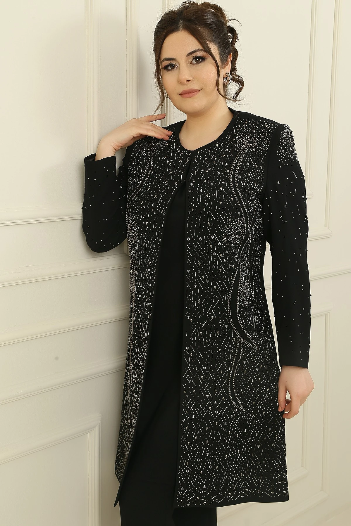 İçi Kolsuz Bluz Taş Baskılı Astarlı Uzun Ceket dar Paça Pantolon Büyük Beden 3'lü Takım