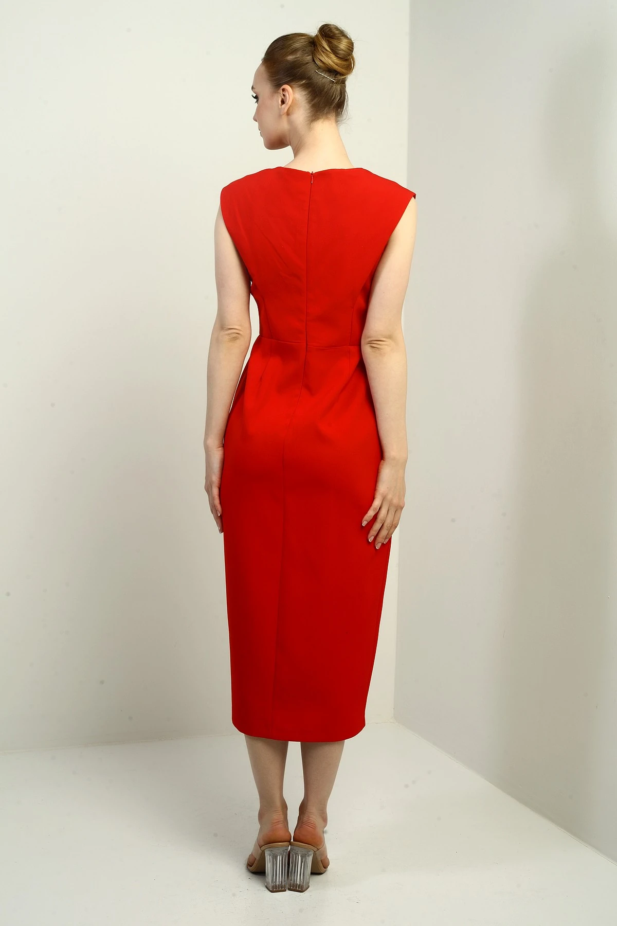 Kadın Kendinden Telalı Önü Yırtmaçlı Midi Elbise