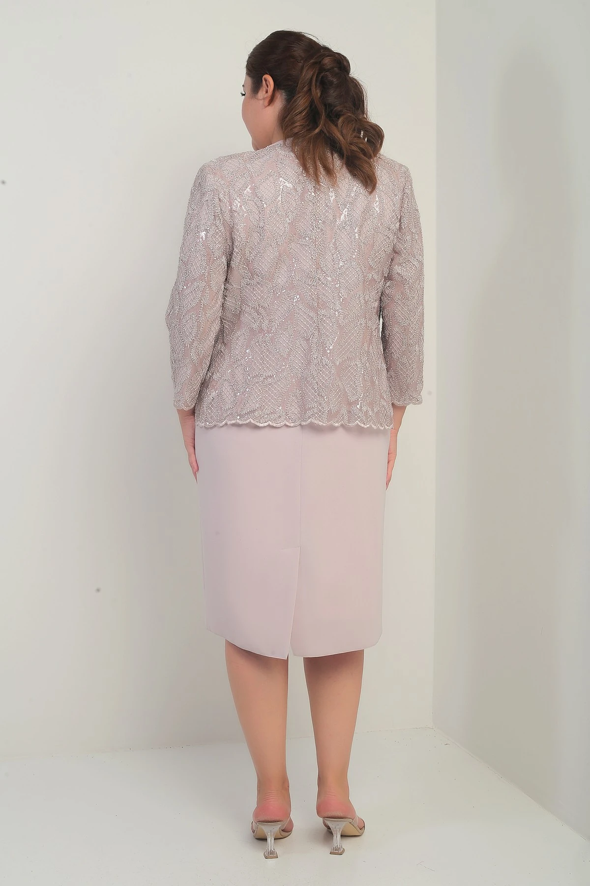 Kadın Kolsuz Elbise Pul İşlemeli Tül Ceket Boncuk Detaylı Astarlı Büyük Beden 2'li Takım