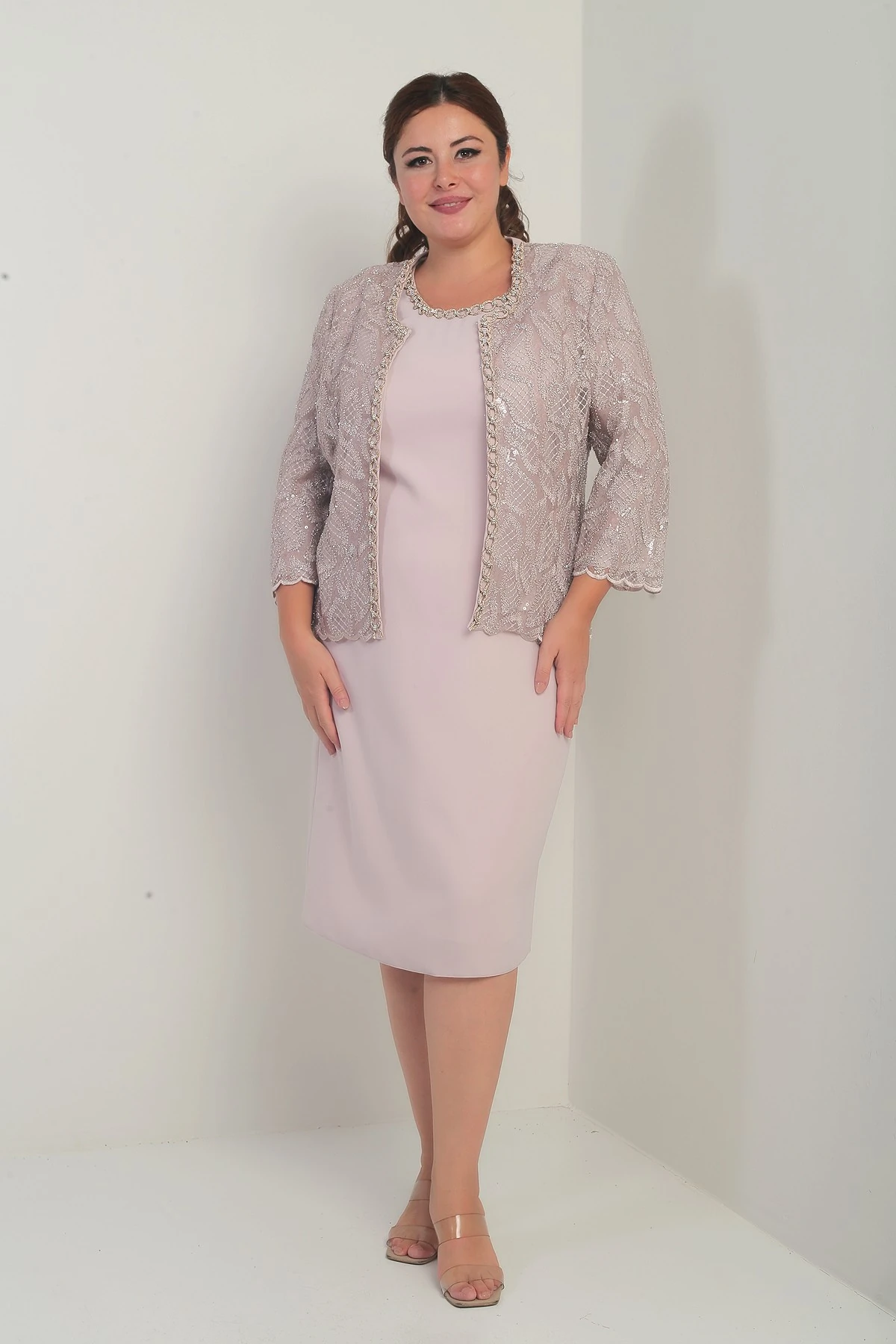 Kadın Kolsuz Elbise Pul İşlemeli Tül Ceket Boncuk Detaylı Astarlı Büyük Beden 2'li Takım