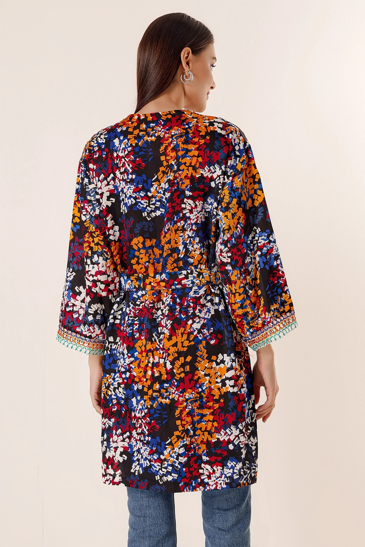 Karışık Desenli Saten Uzun Kimono Ceket