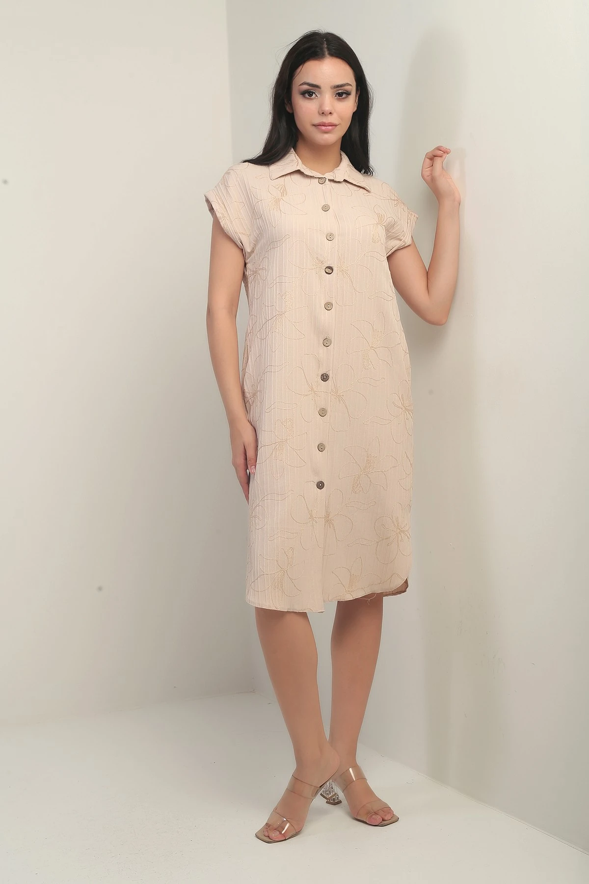 Kadın Yanları Yırtmaçlı Kısa kollu Kordeneli Cepli Gömlek Elbise