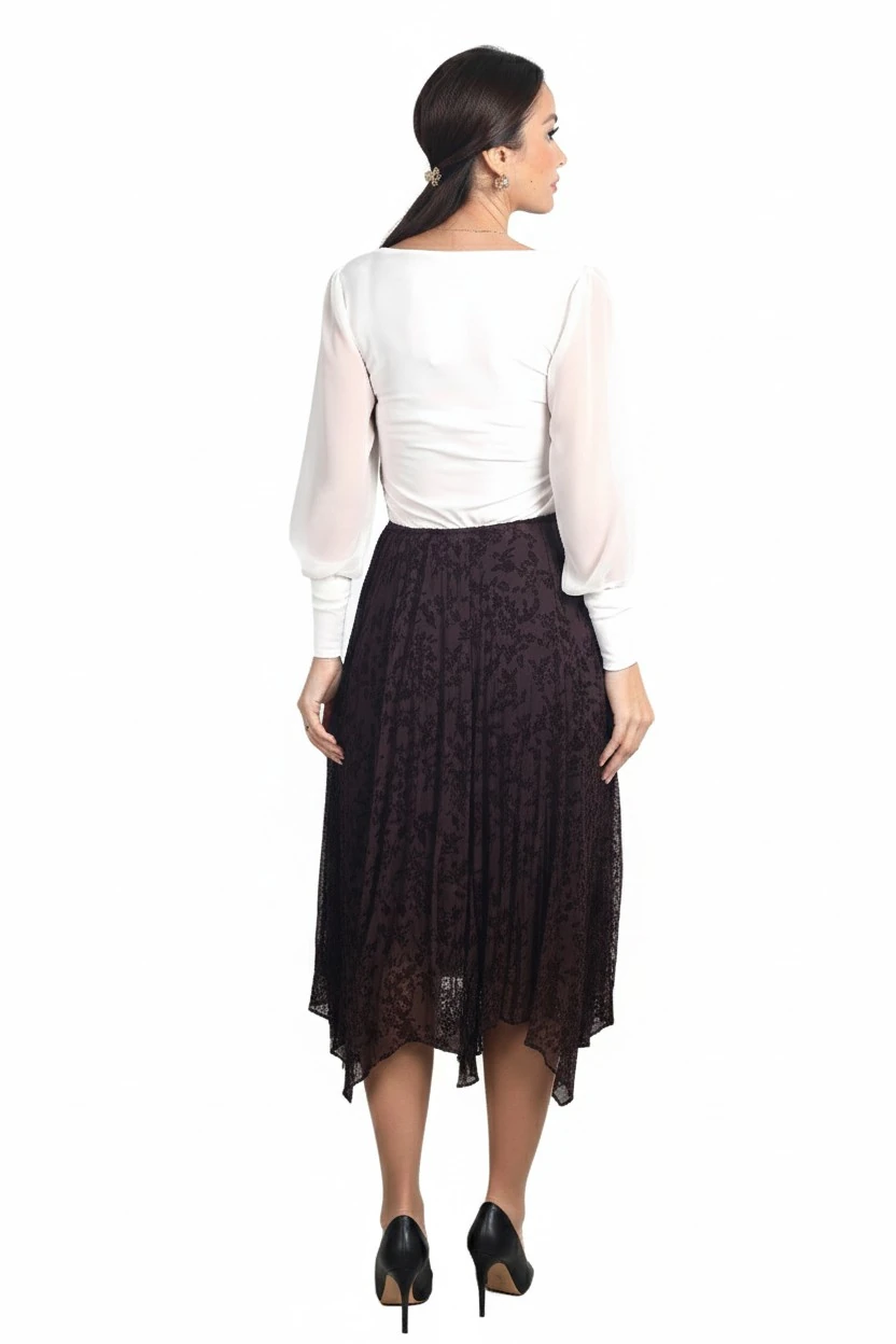 Kadın Beli Lastikli Astarlı Flok Baskı Parçalı Midi Etek